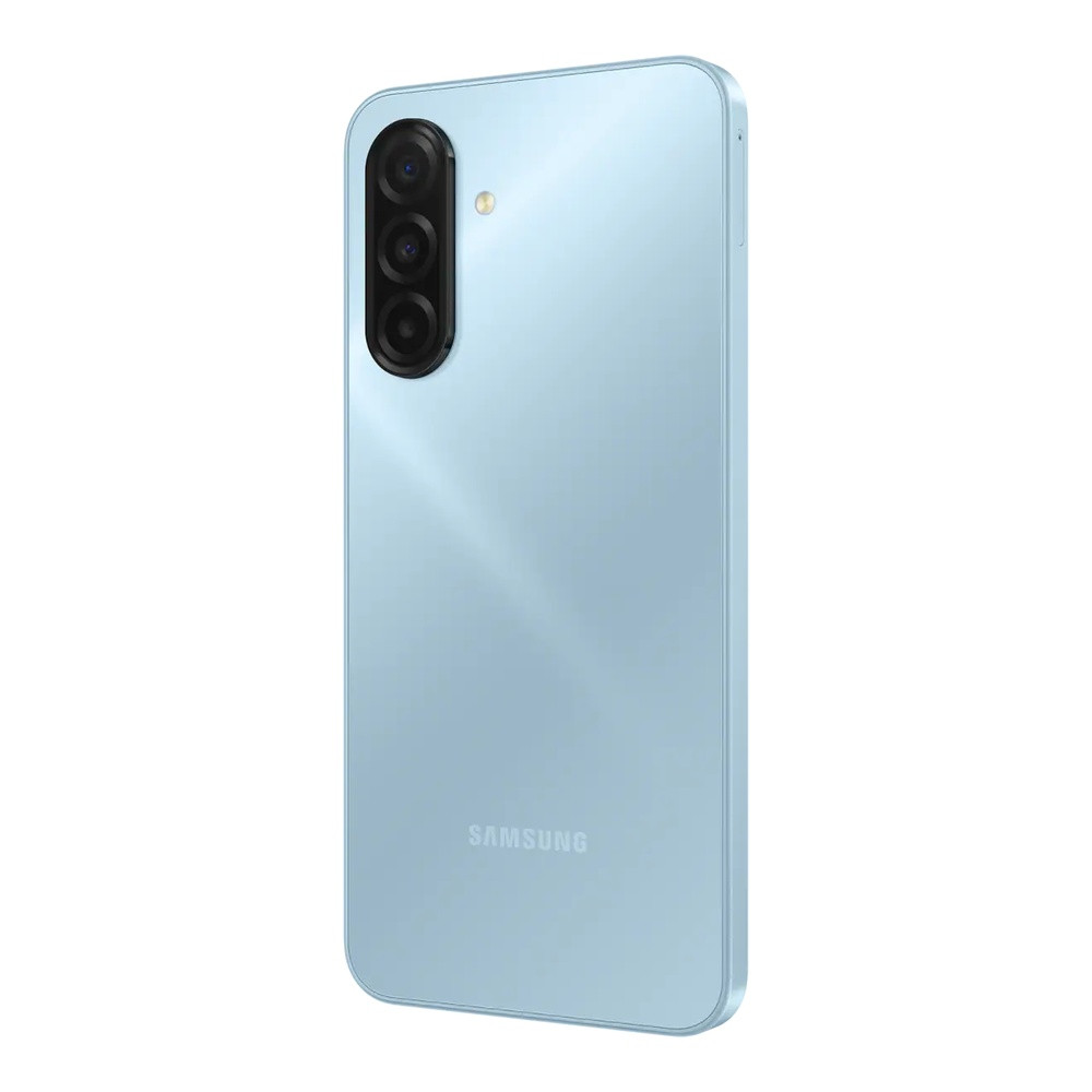 Jasnoniebieski smartfon Samsung z trzema aparatami z tyłu.