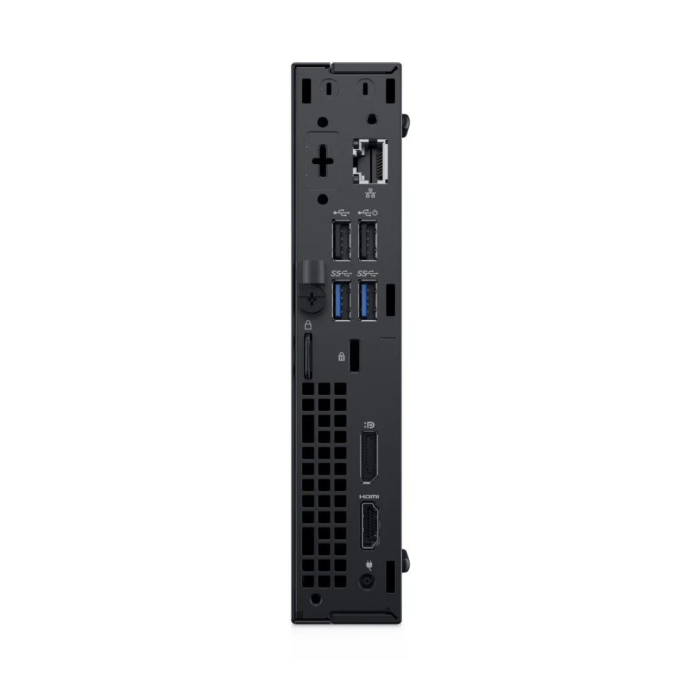 Achterkant van een zwarte computer met poorten zoals USB, HDMI en Ethernet.