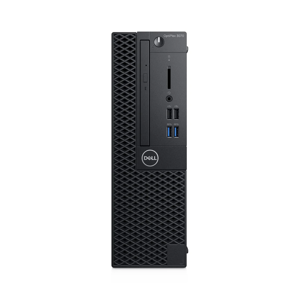 Zwarte Dell OptiPlex 3070 desktopcomputer met USB-poorten en aan/uit-knop.