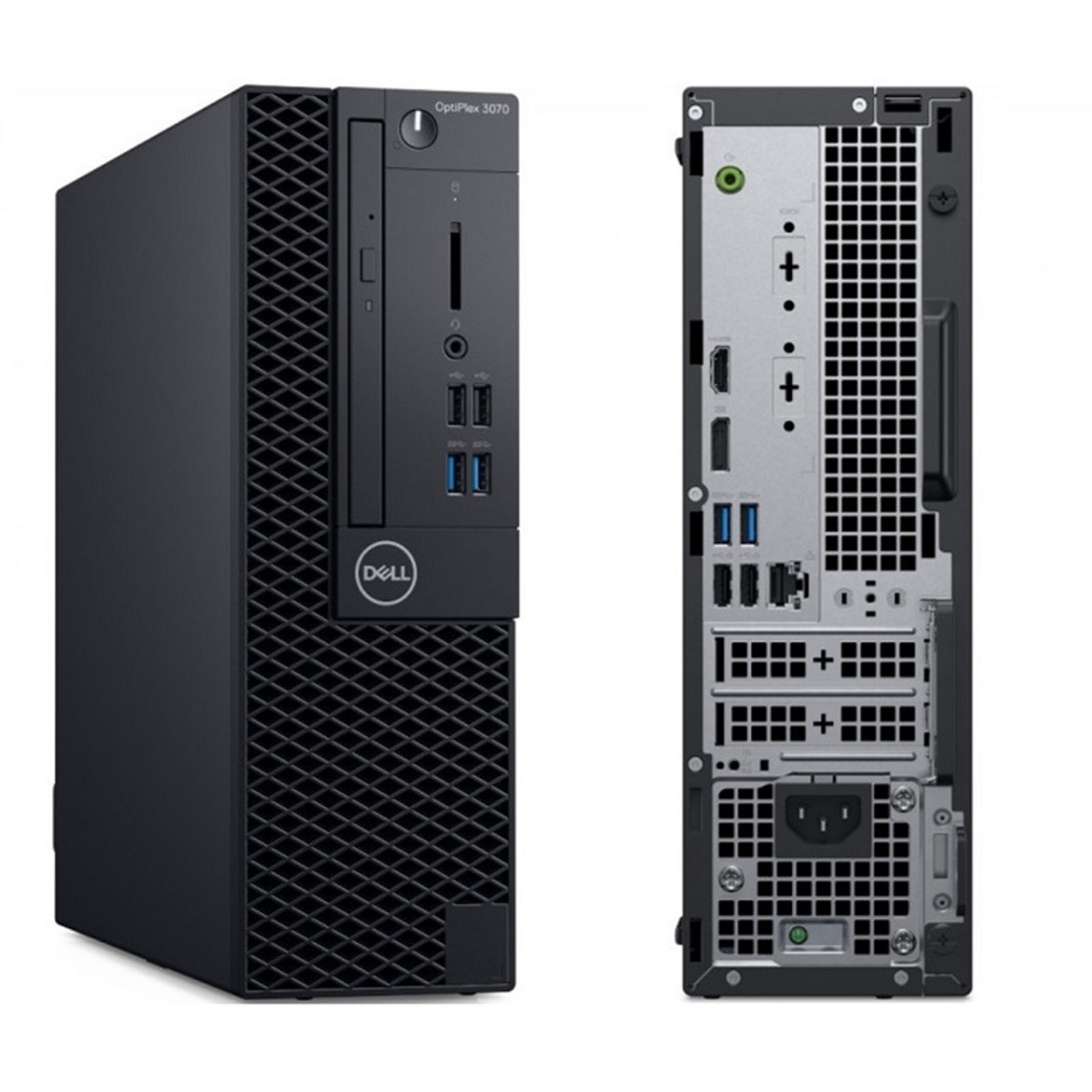 Zwarte Dell OptiPlex 3070 desktop, van voren en van achteren.