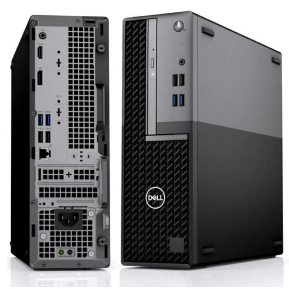 Twee Dell desktopcomputers, voor- en achterkant. Voorkant toont USB-poorten, aan/uit-knop. Achterkant toont poorten.