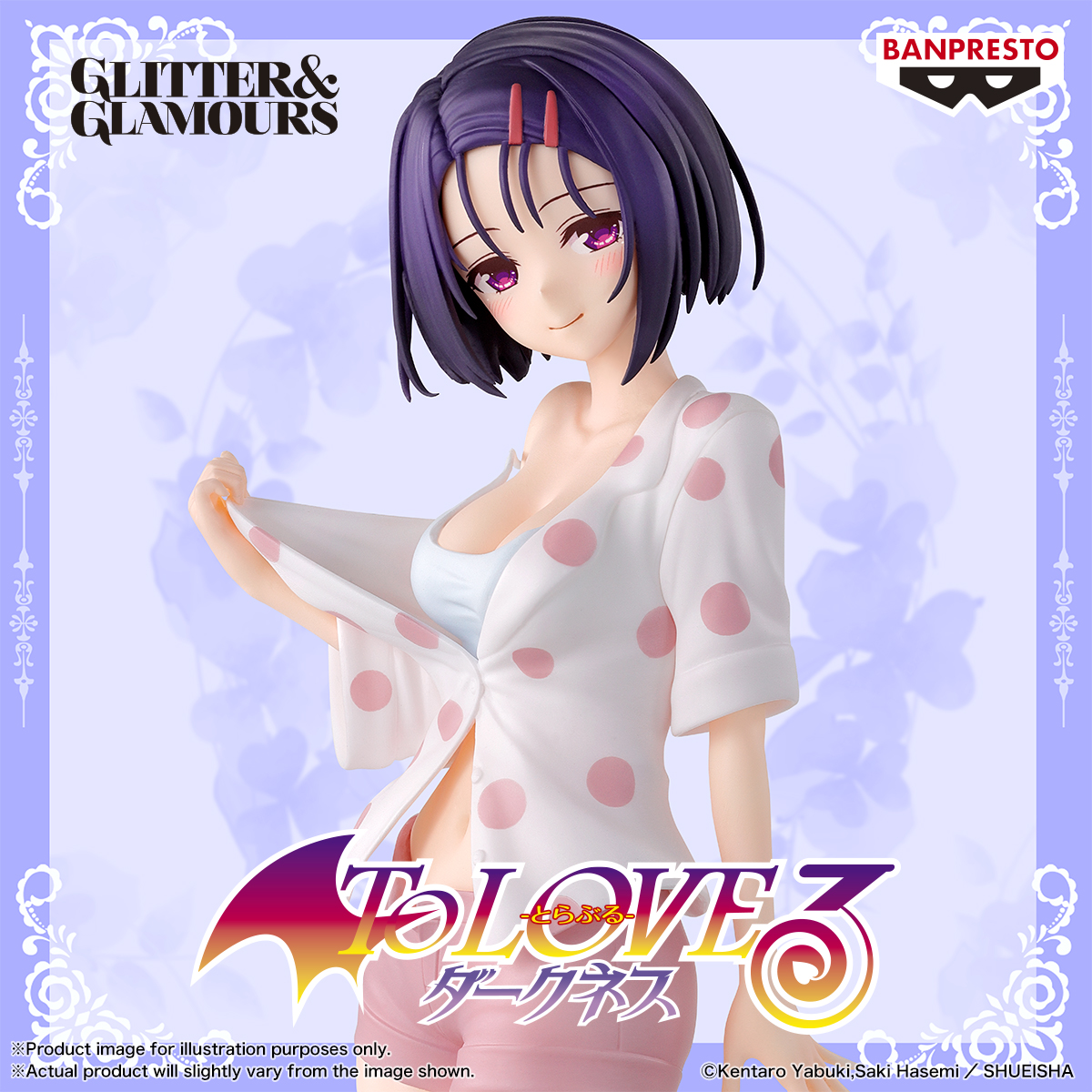 Figura anime di ragazza con capelli viola che indossa abiti a pois.