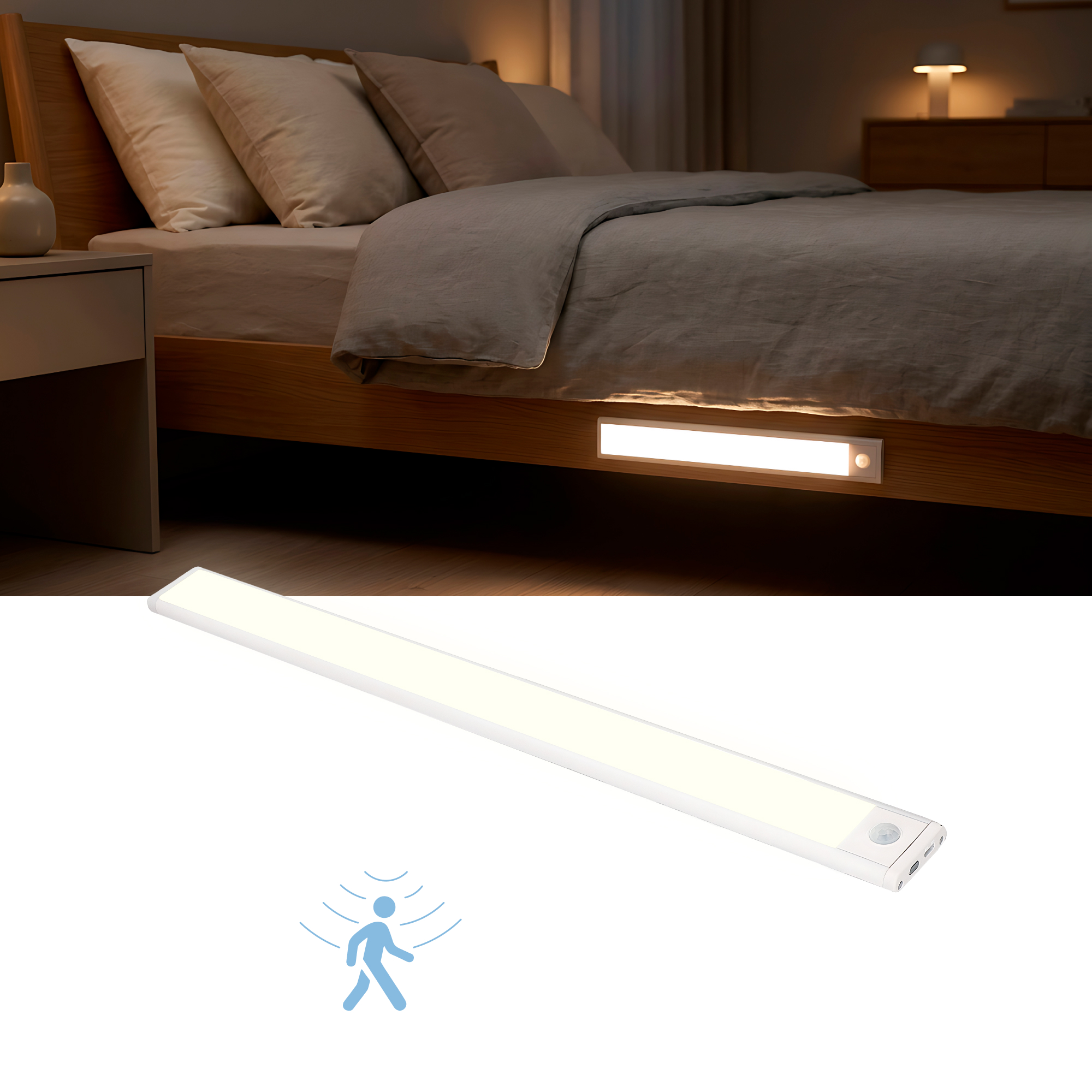 Luz LED blanca y larga con sensor de movimiento montada bajo una cama de madera.
