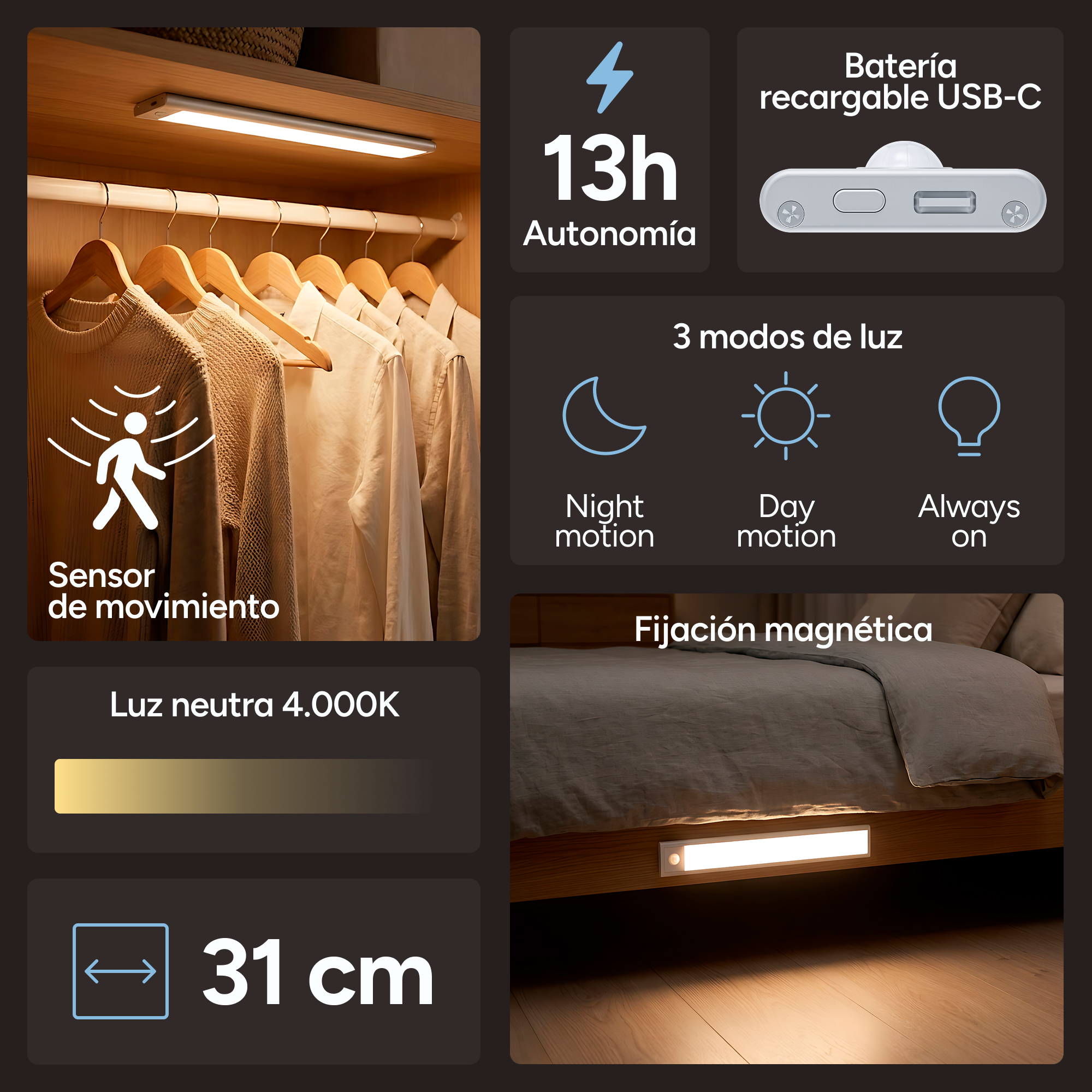 Luz LED 31cm con sensor, 13h, USB-C, 3 modos, magnética.