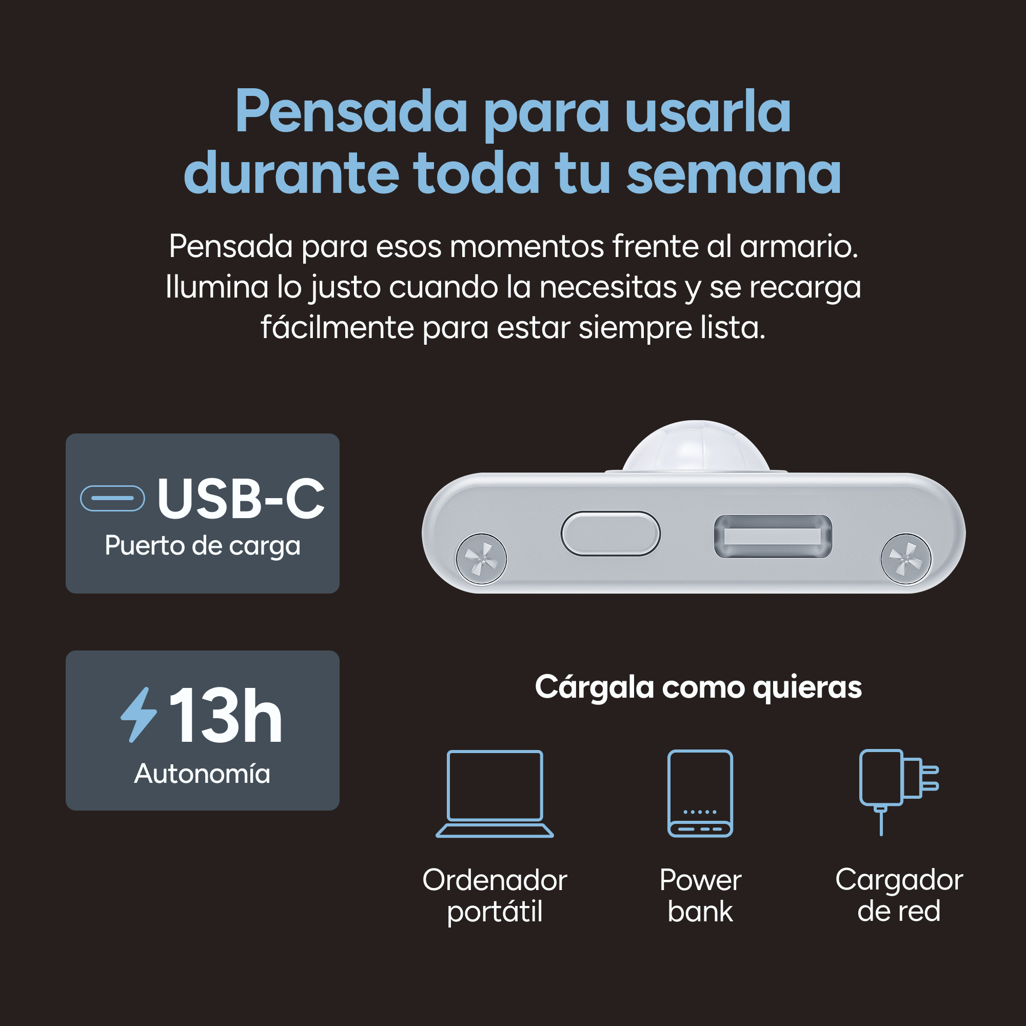 Una luz blanca con puerto USB-C, 13h de batería, carga por portátil, power bank o adaptador.