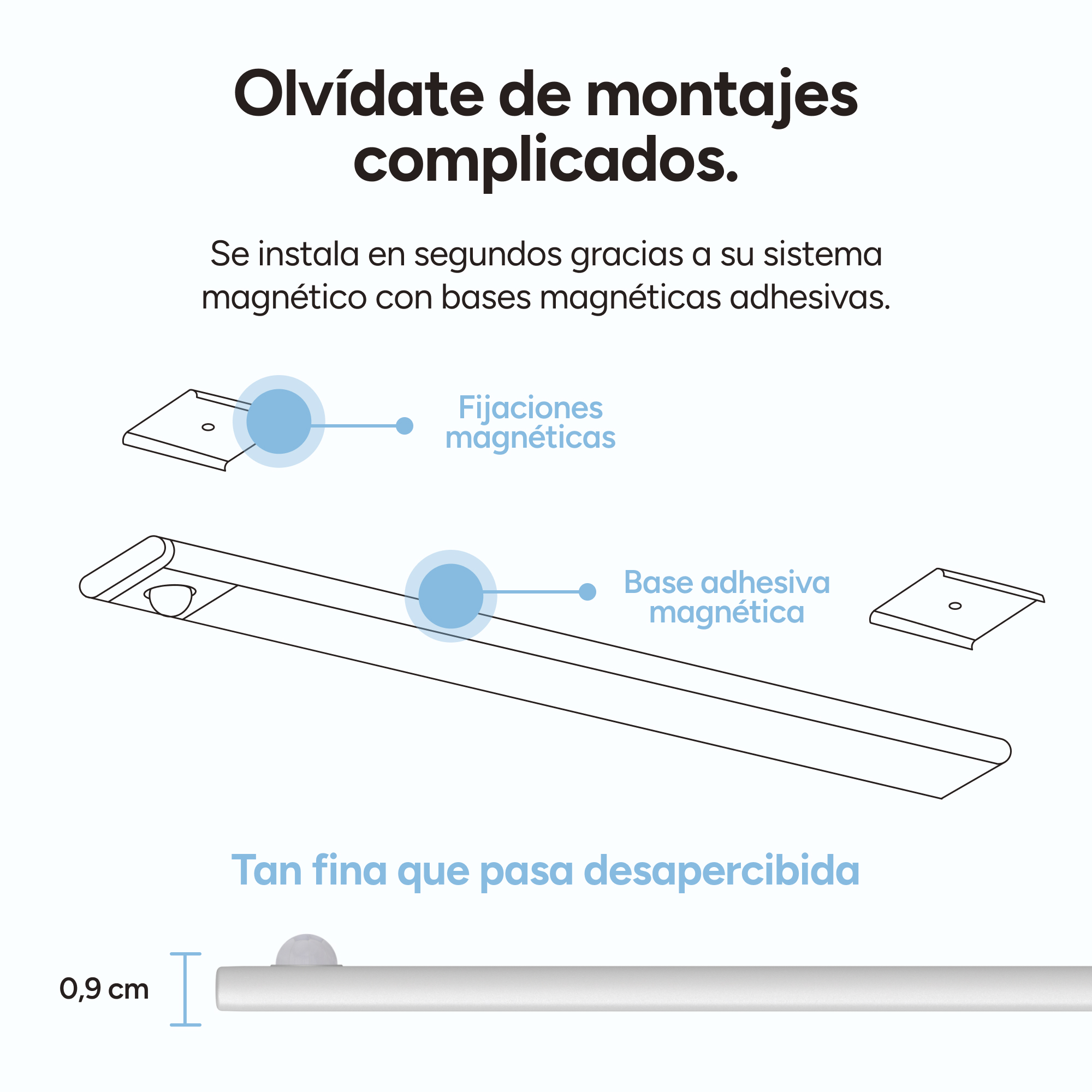 Ilustración de fijaciones magnéticas y una tira delgada, con medidas.