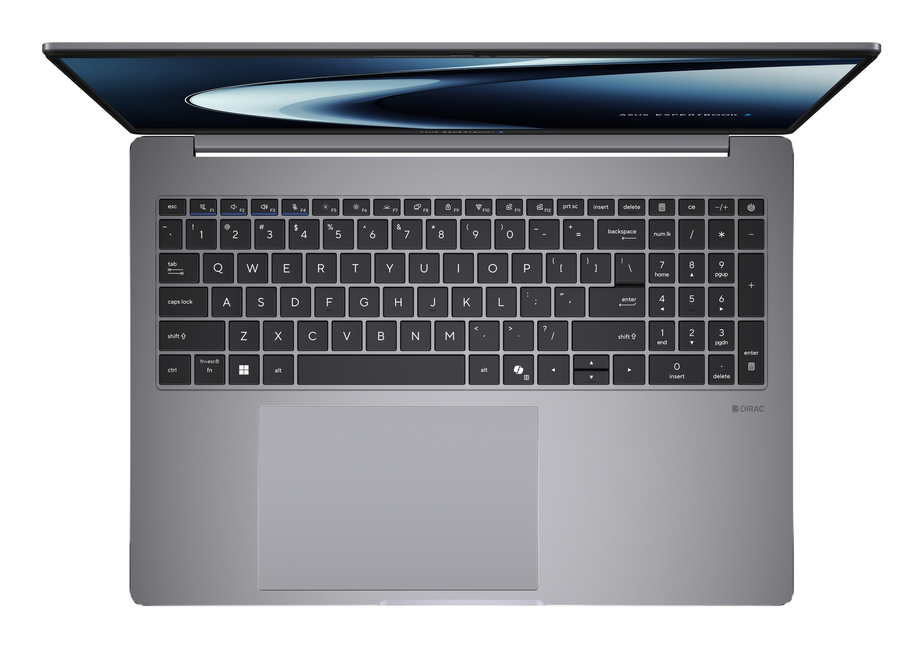Un laptop ASUS Expertbook grigio è aperto, mostrando tastiera e schermo con sfondo astratto blu.