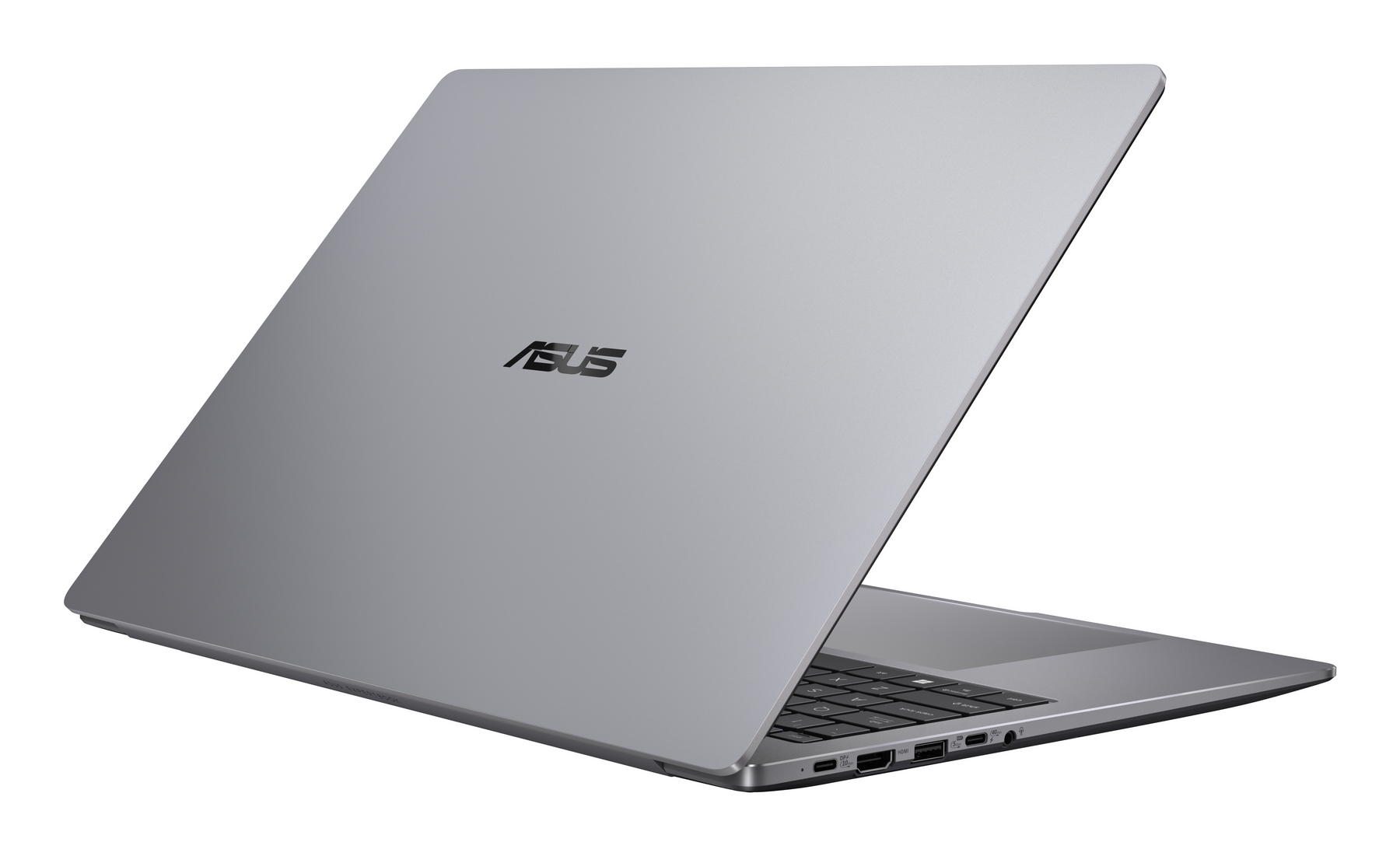 Un laptop Asus argentato con lo schermo aperto, tastiera retroilluminata visibile.