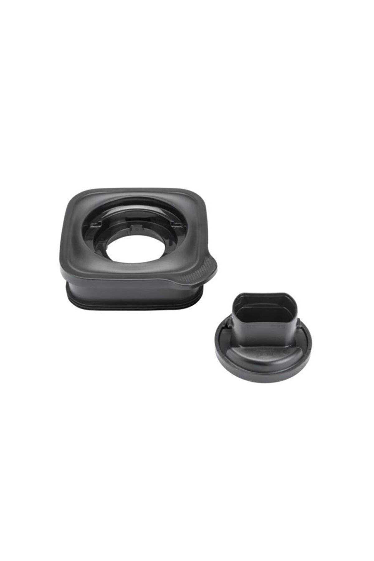 A black blender lid and insert on a white background.