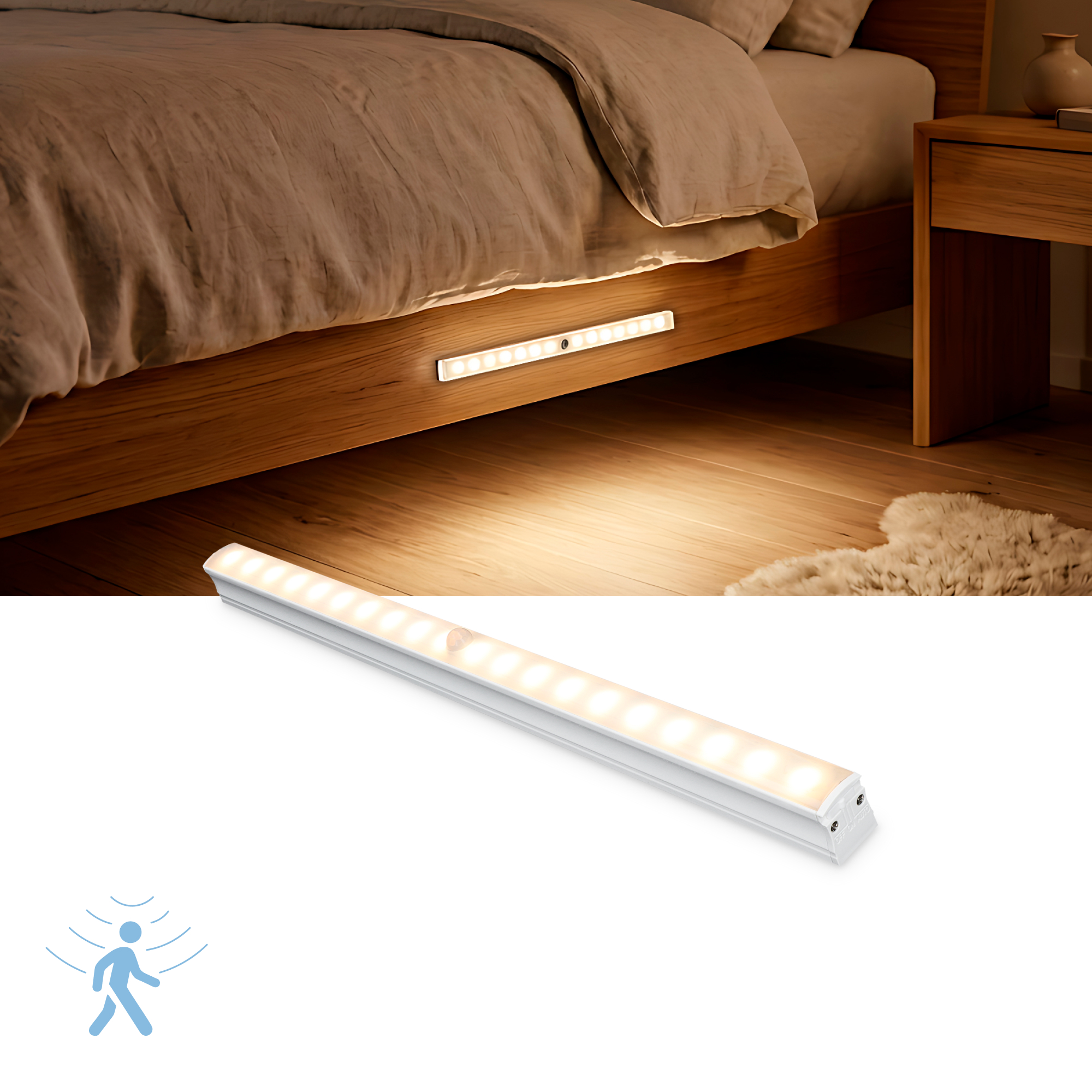 Una tira de luz con sensor de movimiento debajo de un marco de cama de madera.