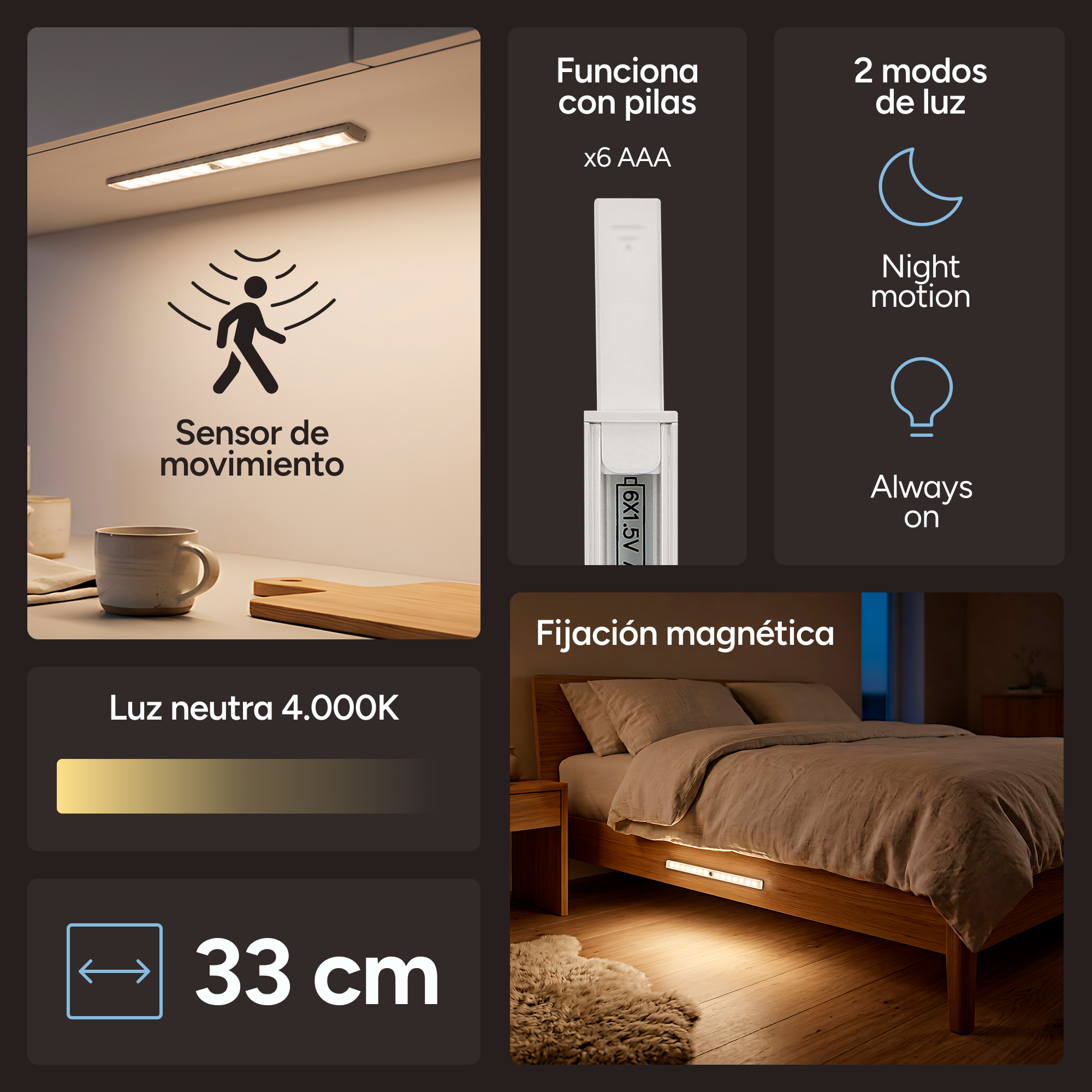 Tira de luz de 33 cm con sensor de movimiento, luz neutra 4000K, funciona con 6 pilas AAA.