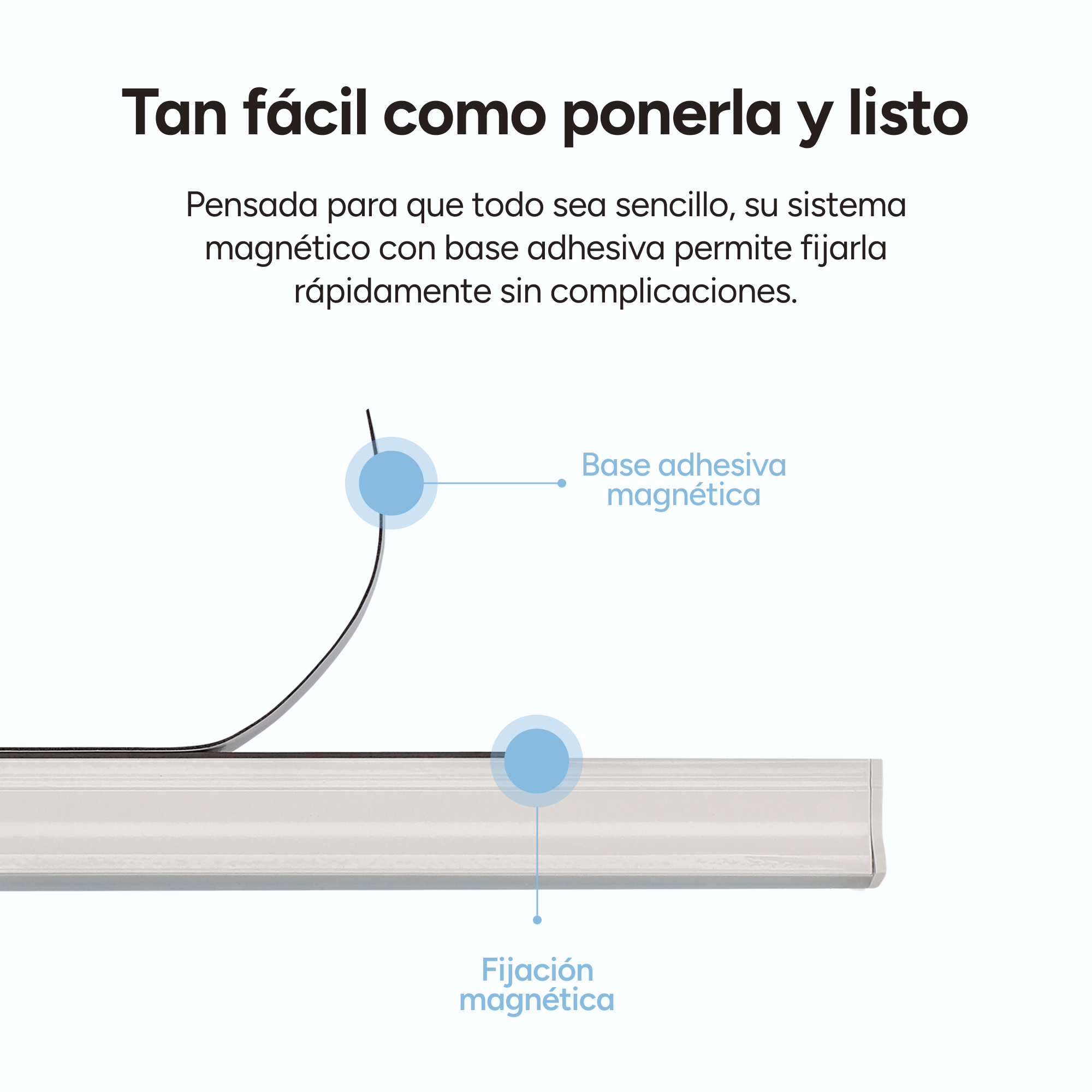Ilustración muestra una tira blanca con cinta magnética y adhesiva.