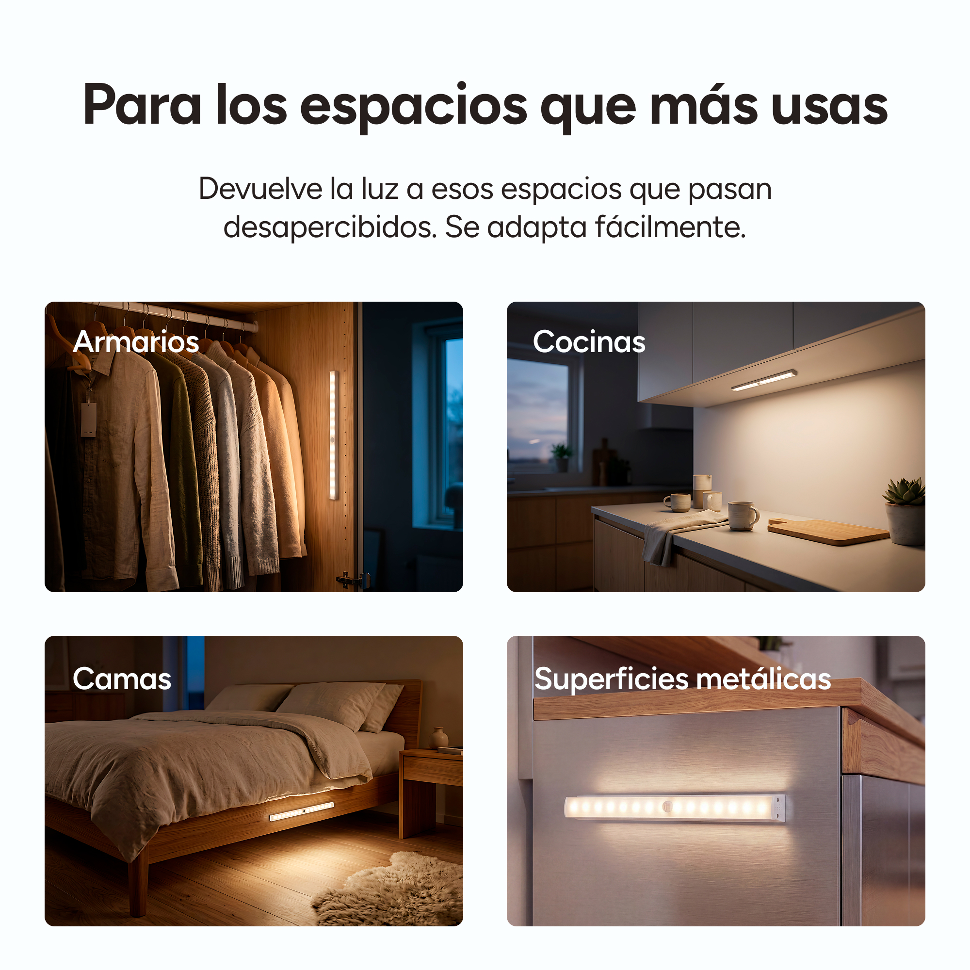 Armario, cocina, cama, superficies metálicas iluminadas con tiras LED.
