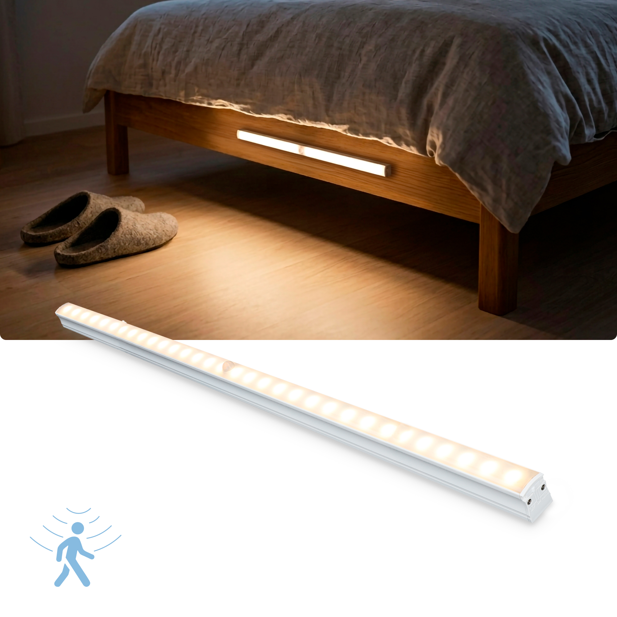 Una cama con sábanas, zapatillas y una tira LED debajo. Abajo, una sola tira LED.