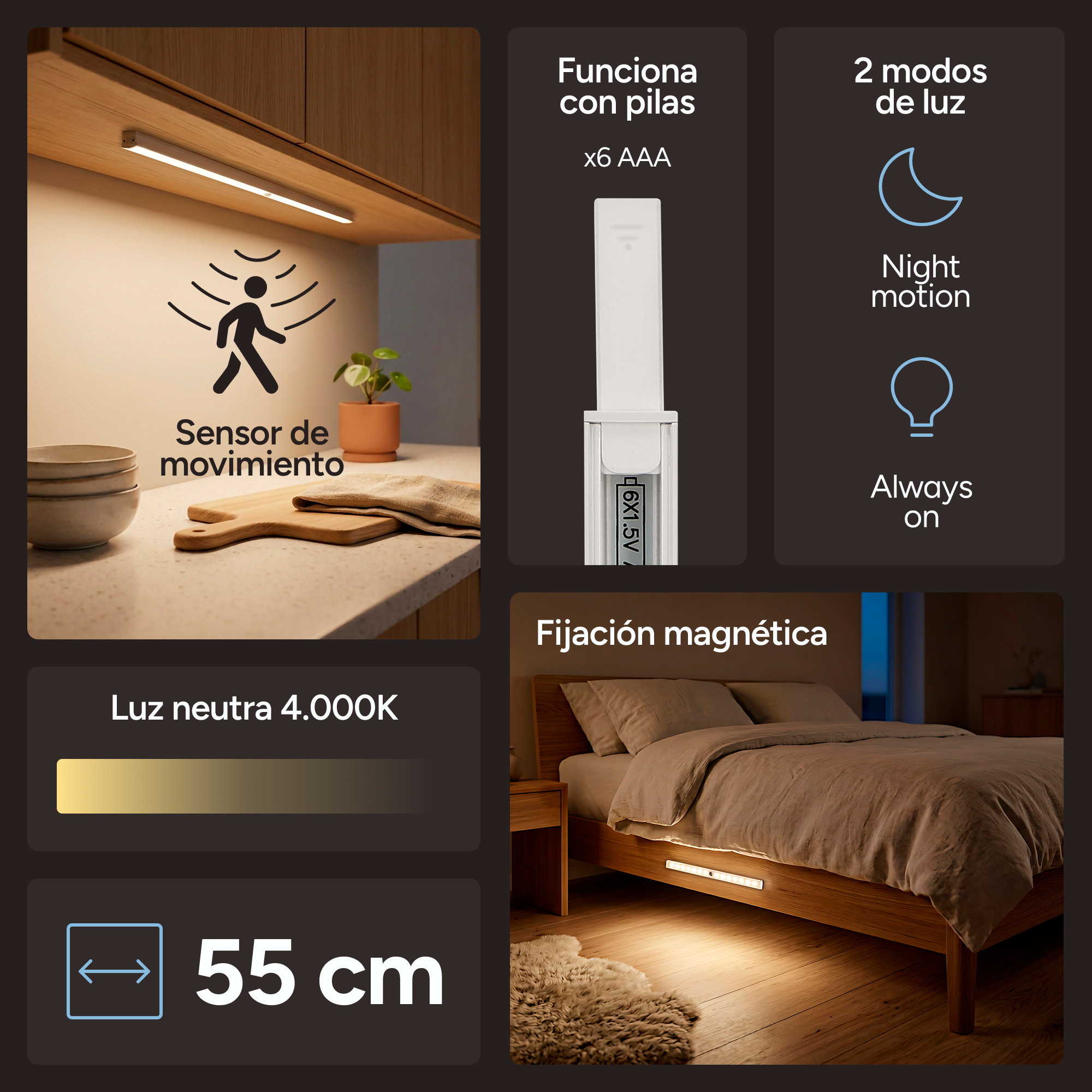 Luz LED con sensor de movimiento, 55cm, luz neutra 4000K, a pilas.