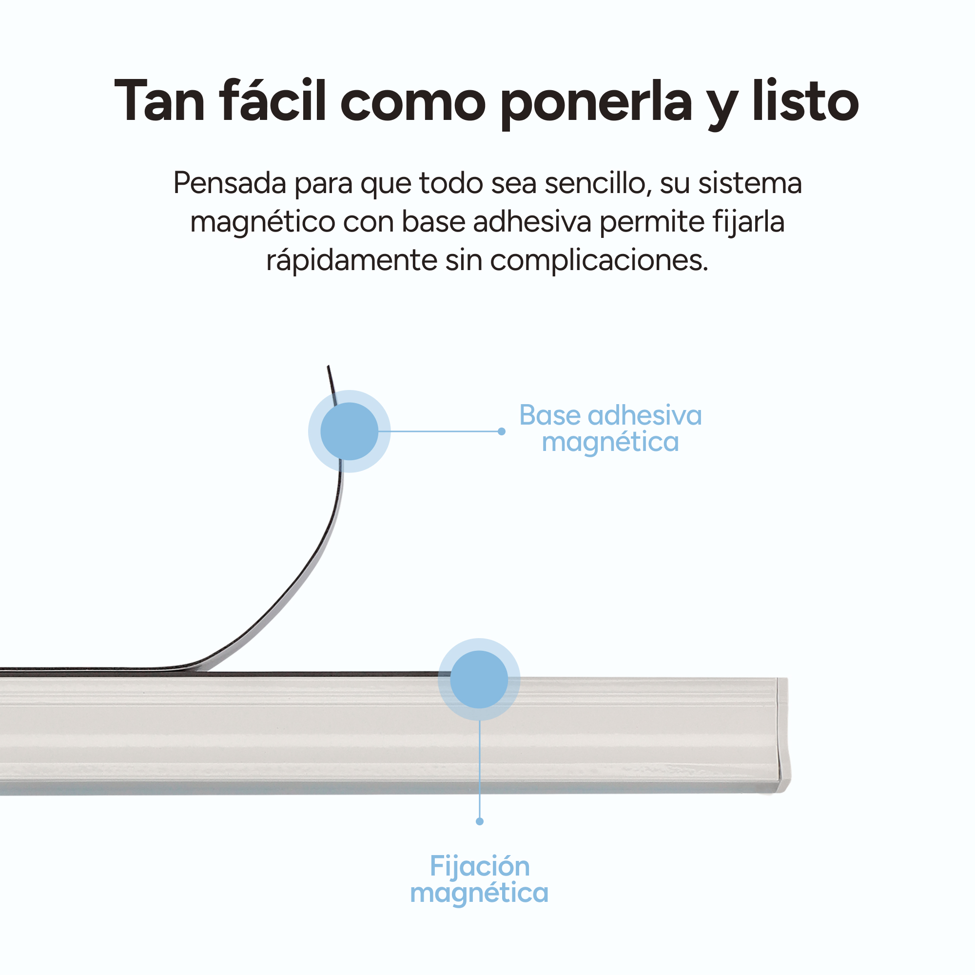 Diagrama muestra base adhesiva magnética y fijación magnética.