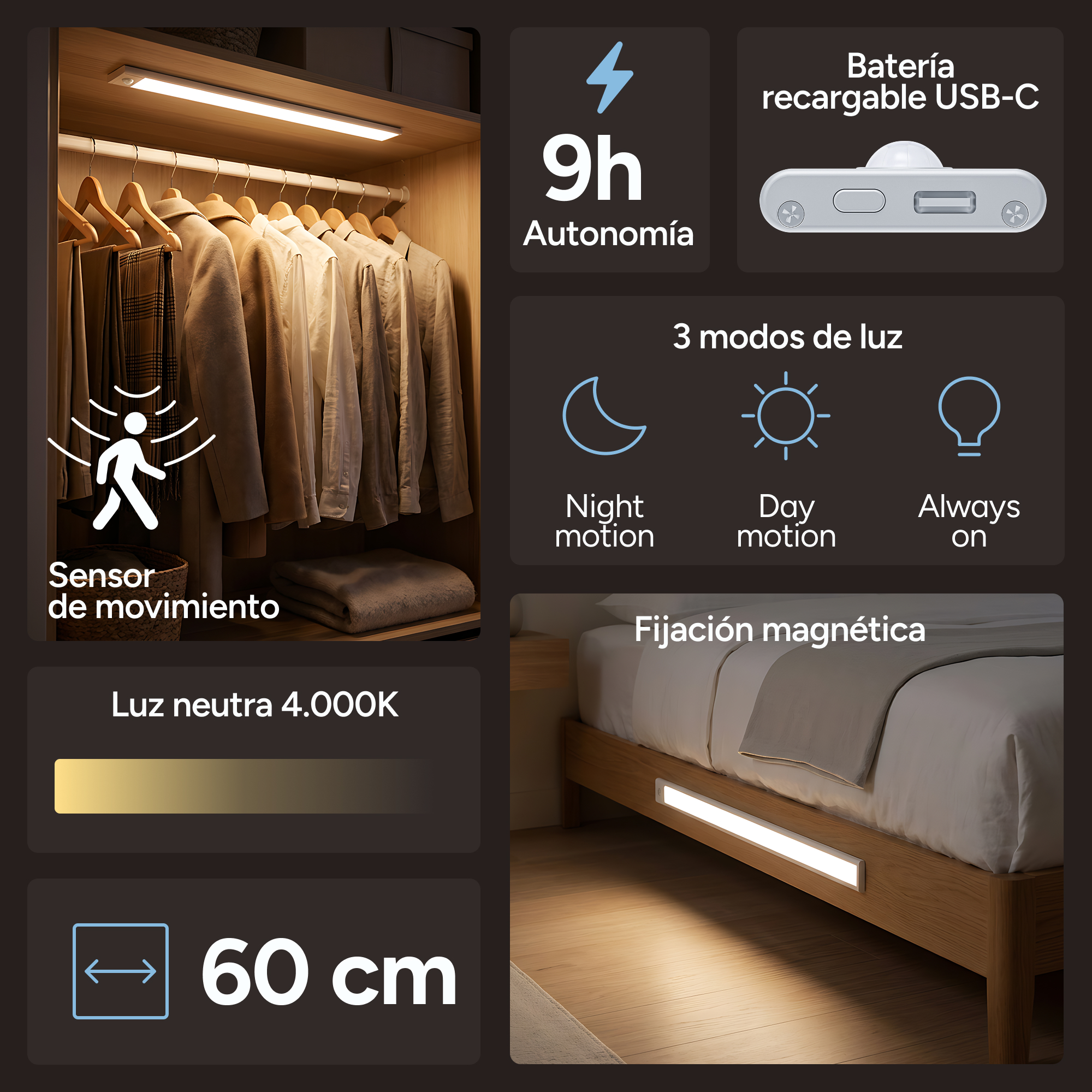 Armadio e letto illuminati con barra luminosa USB-C da 60 cm.
