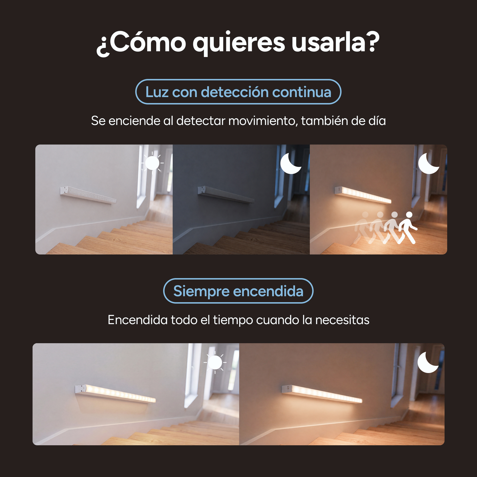 Luz de escalera con detección de movimiento o luz constante.