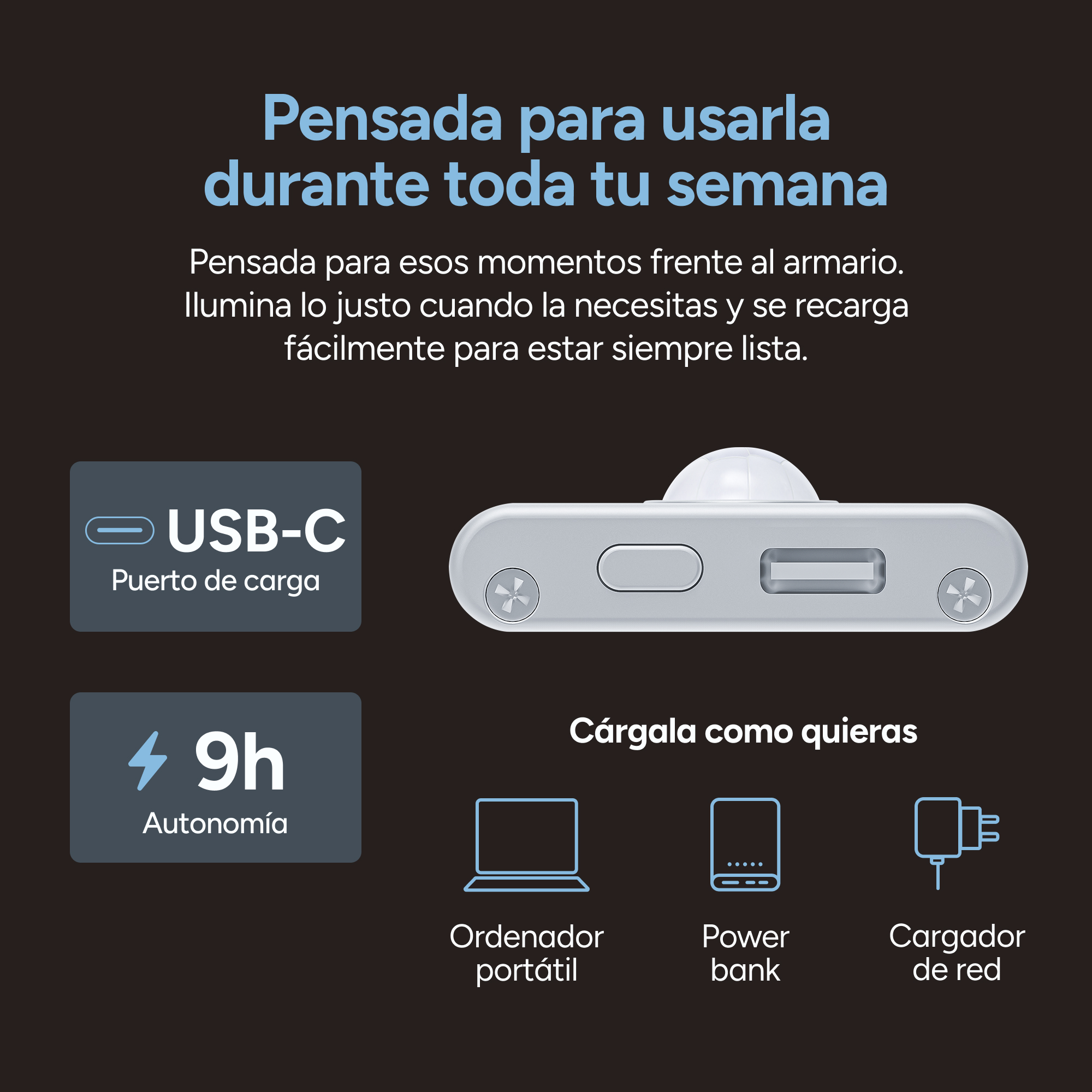Un dispositivo bianco con porta USB-C, 9 ore di autonomia, si carica da laptop, power bank o adattatore.