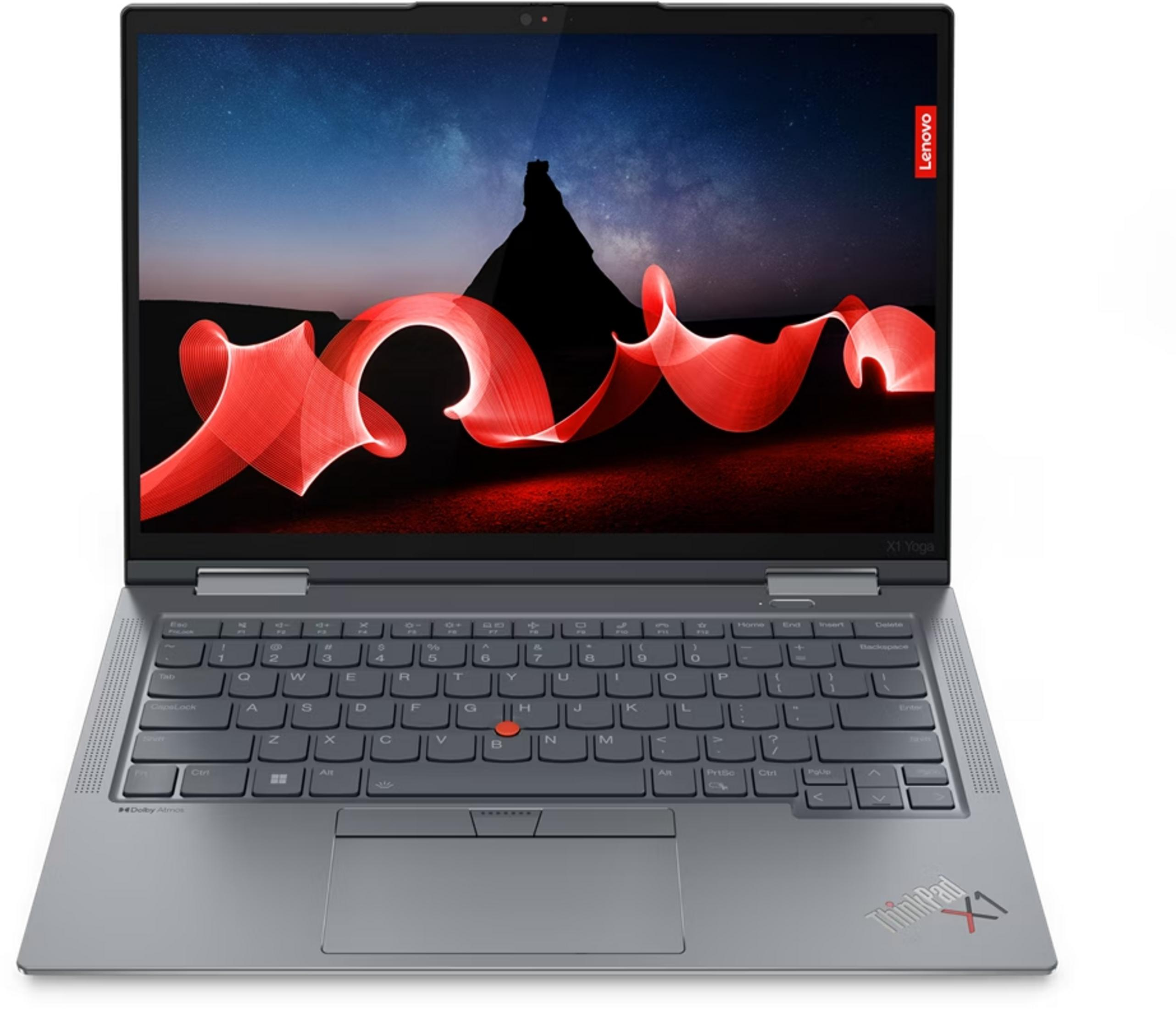 Un laptop Lenovo ThinkPad X1 Yoga argento è aperto, con un design astratto rosso sullo schermo.