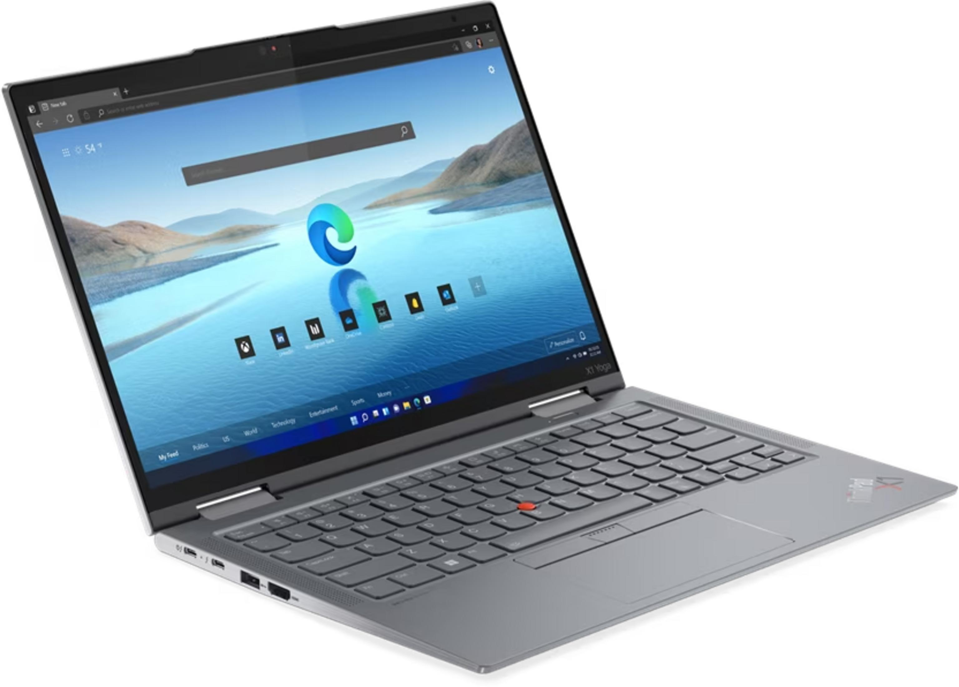 Un laptop aperto che mostra uno sfondo blu e il logo Edge sul suo schermo.