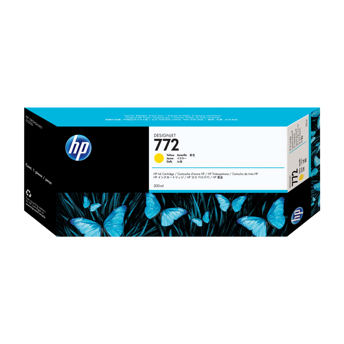 Żółty tusz HP Designjet 772 na czarnym tle z niebieskimi motylami.