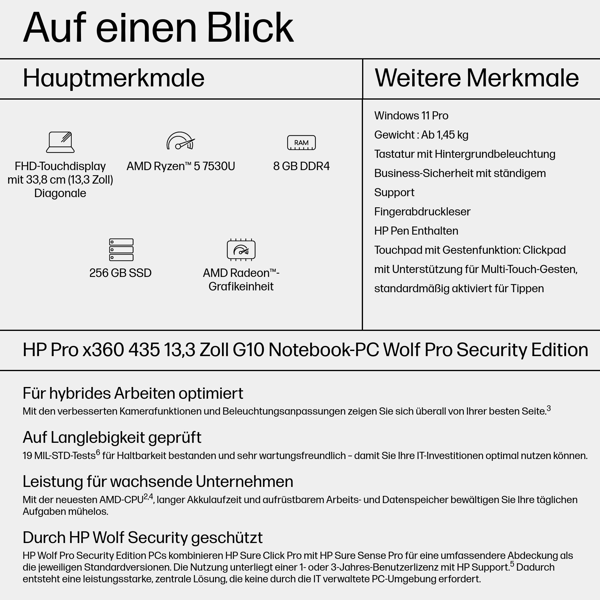 Specifiche laptop: Display Touch FHD, AMD Ryzen 5, 8GB RAM DDR4, SSD 256GB, Grafica AMD Radeon.