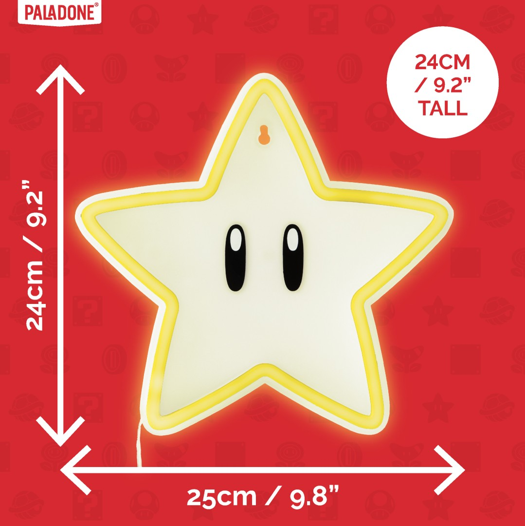 Świecąca lampa w kształcie gwiazdy z oczami w stylu Super Mario na czerwonym tle.
