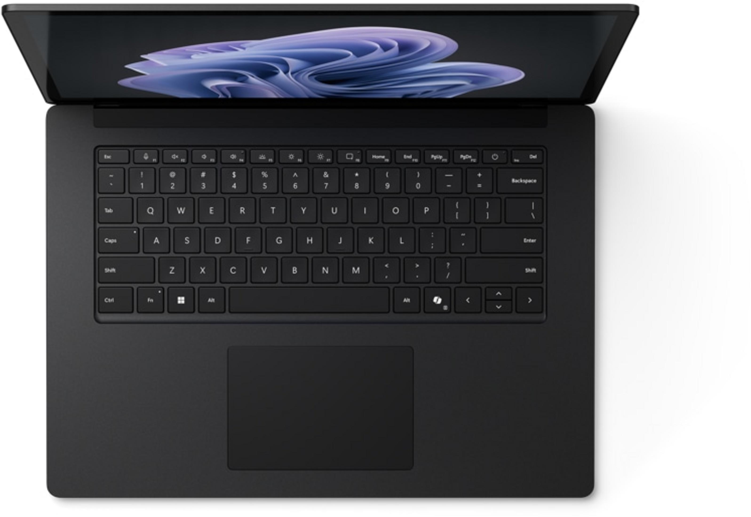 Schwarzer Laptop mit geöffnetem Bildschirm, der ein abstraktes Muster zeigt.