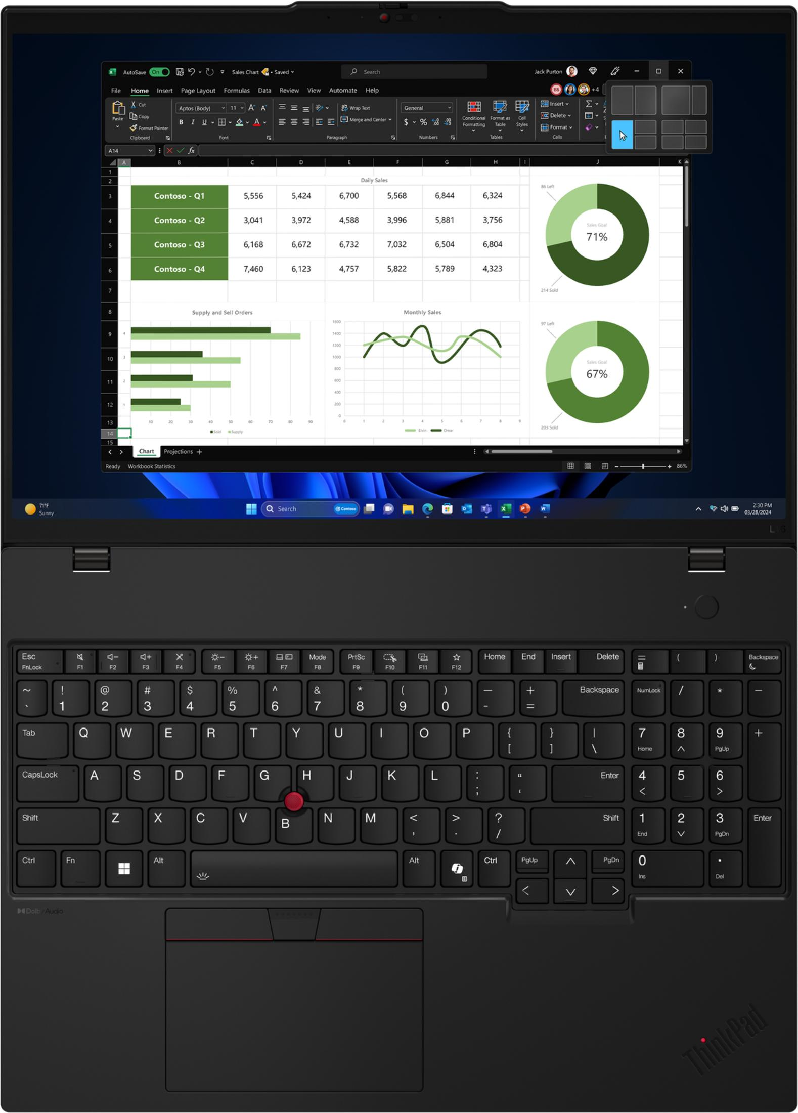 Laptop mit Excel-Tabellen, Diagrammen und Tastatur.