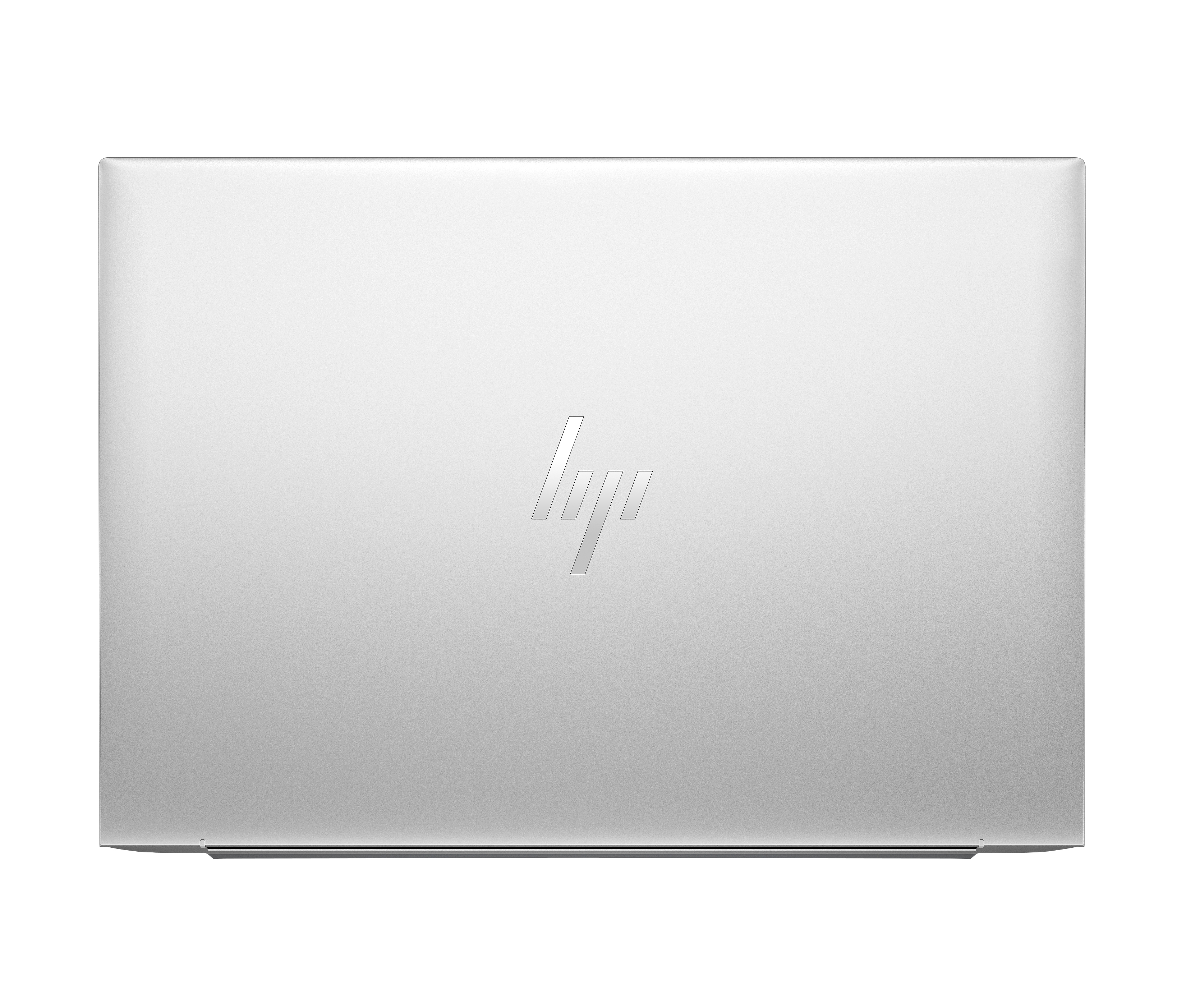 Zamknięty srebrny laptop z błyszczącym logo HP pośrodku.