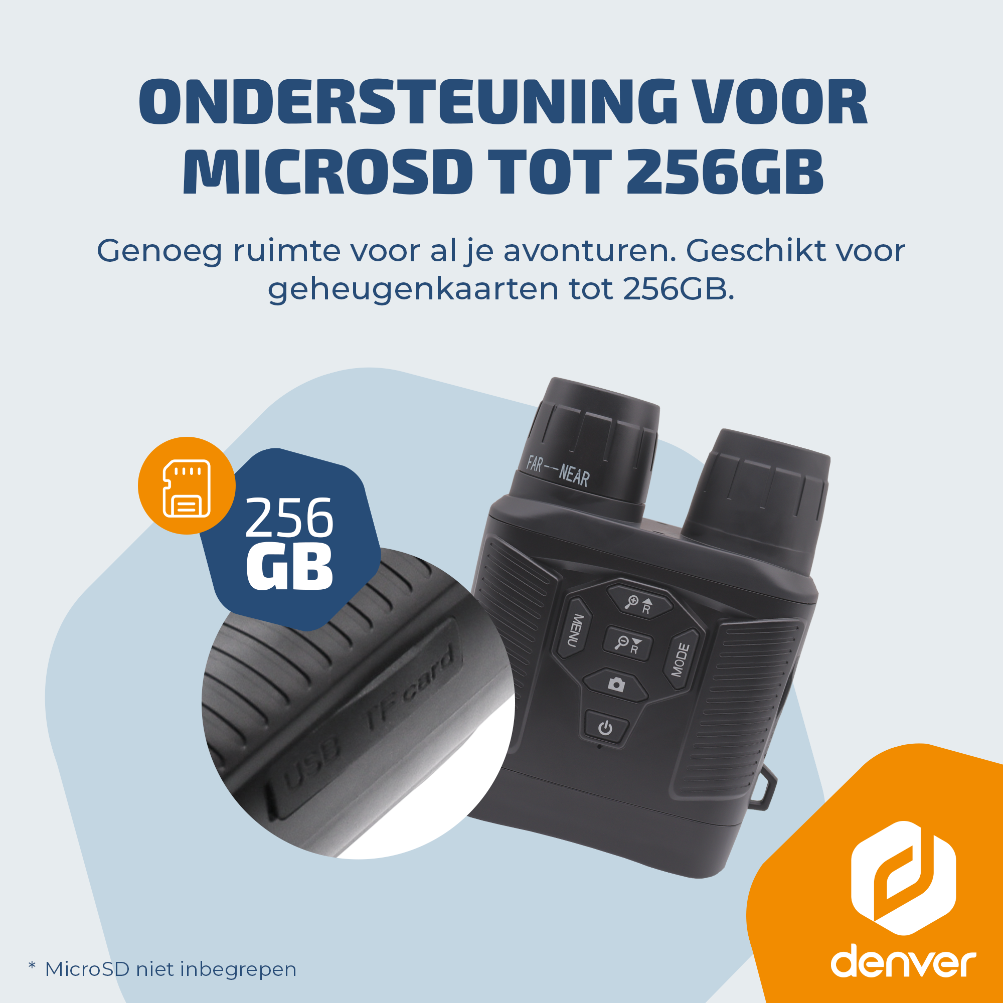A night vision device with microSD support up to 256 GB is shown.