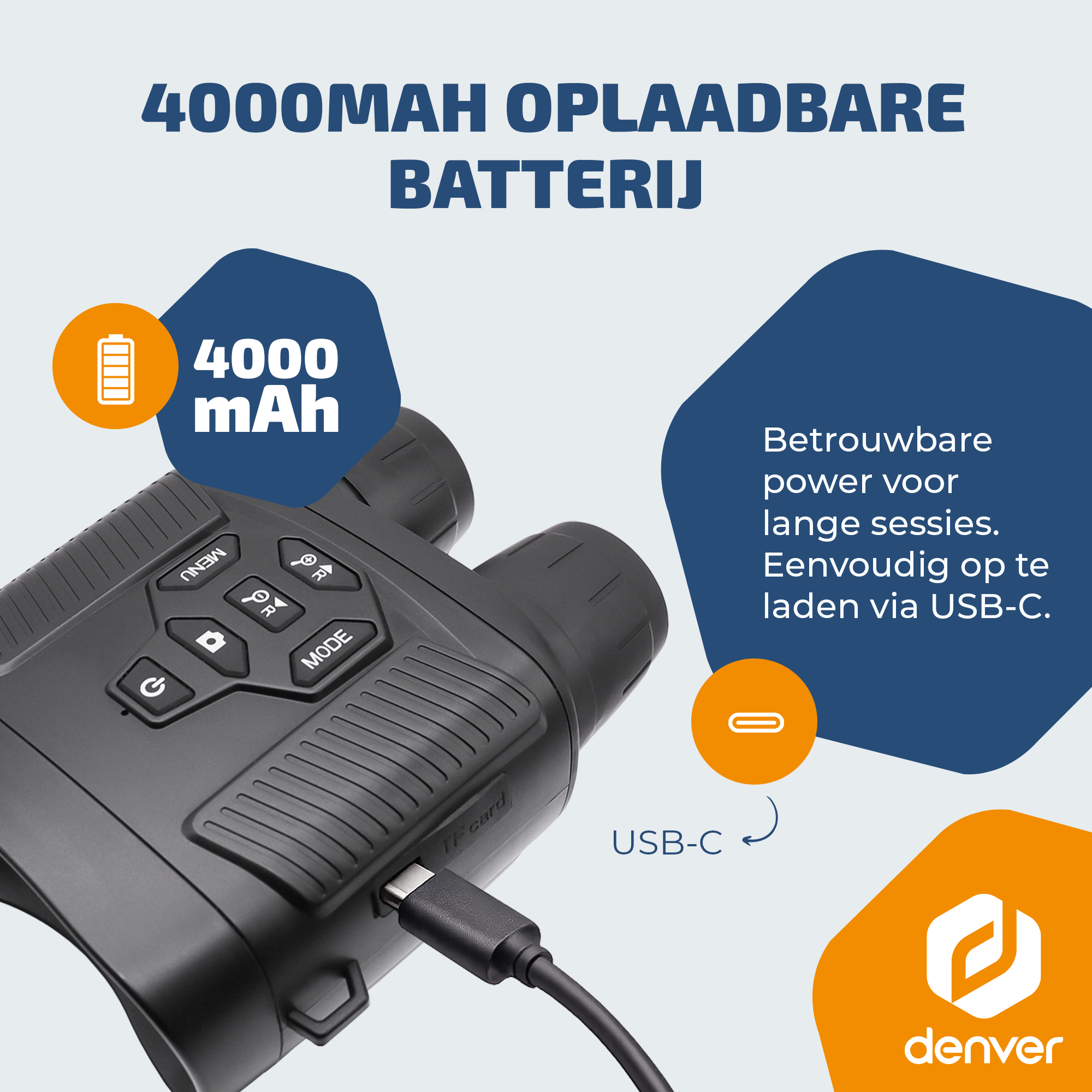 A black pair of binoculars with a USB-C port and 4000 mAh display.