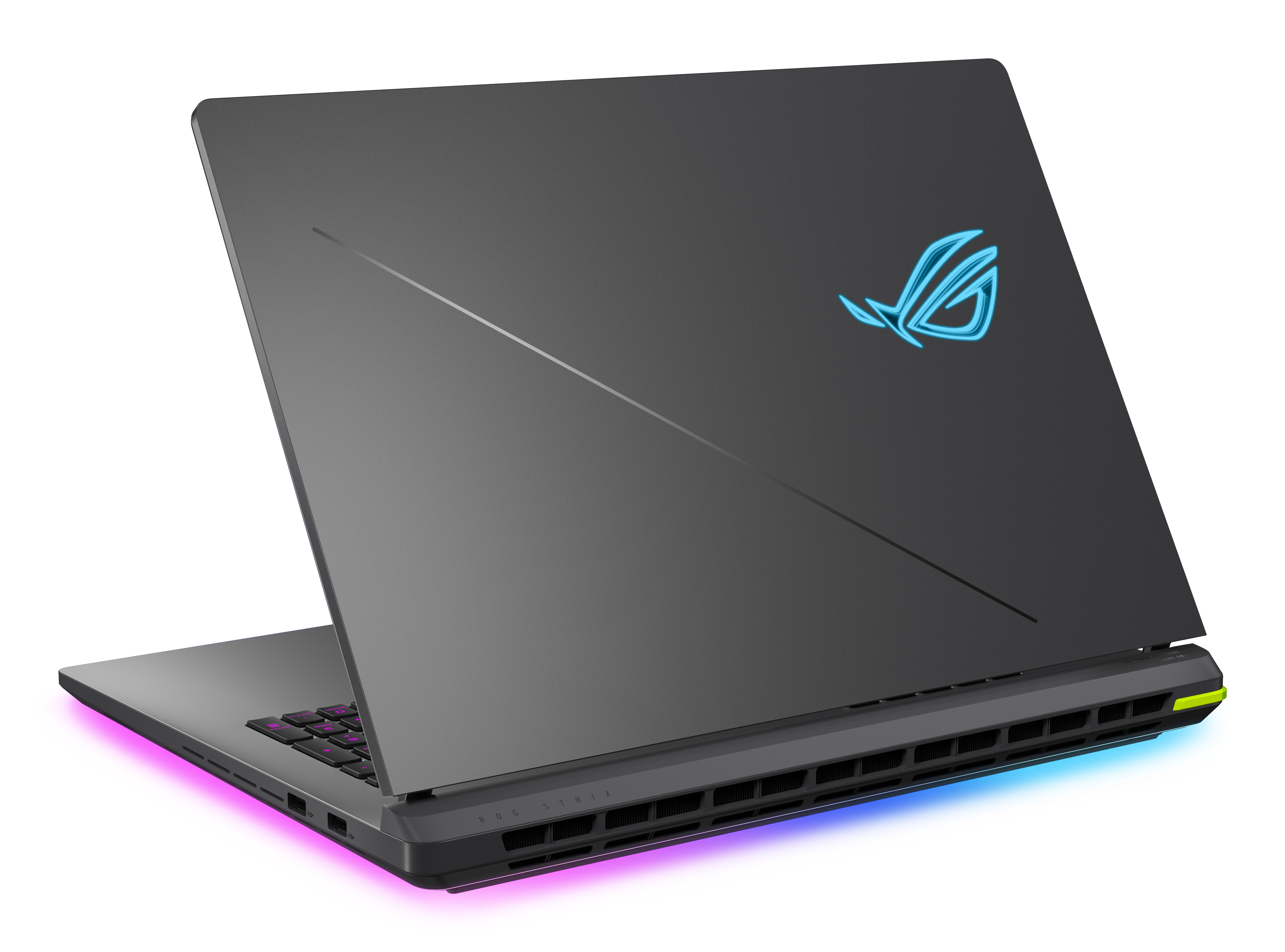 Szary laptop z niebieskim logo ROG i różowym podświetleniem.