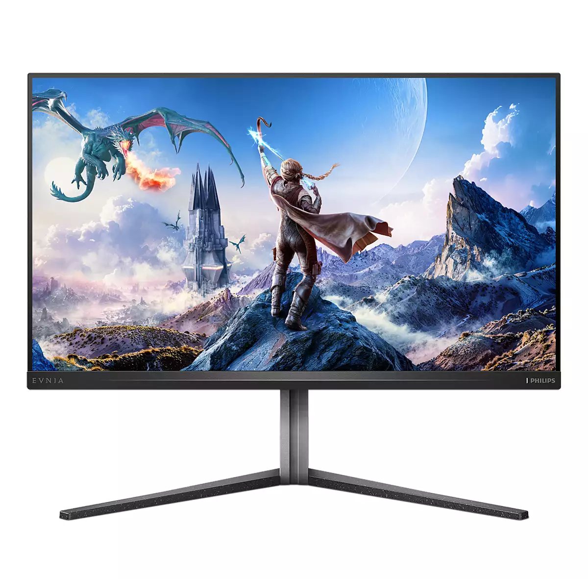 Una scena fantasy su un monitor: guerriero con arco combatte drago vicino a castello, montagne, luna.