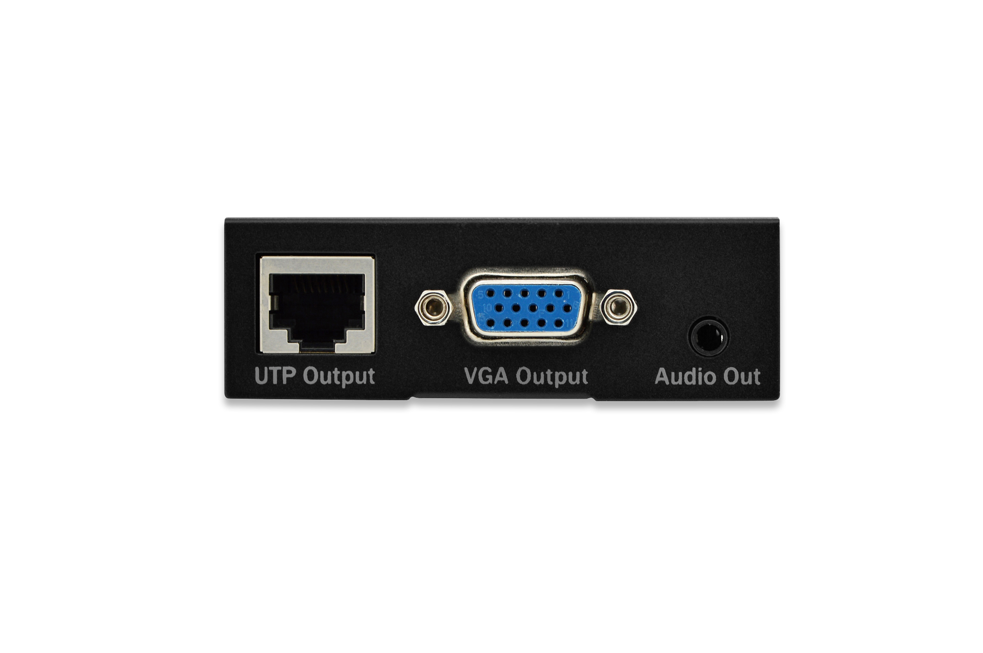 Ein schwarzes Gehäuse mit UTP-, VGA- und Audioausgangsanschlüssen.