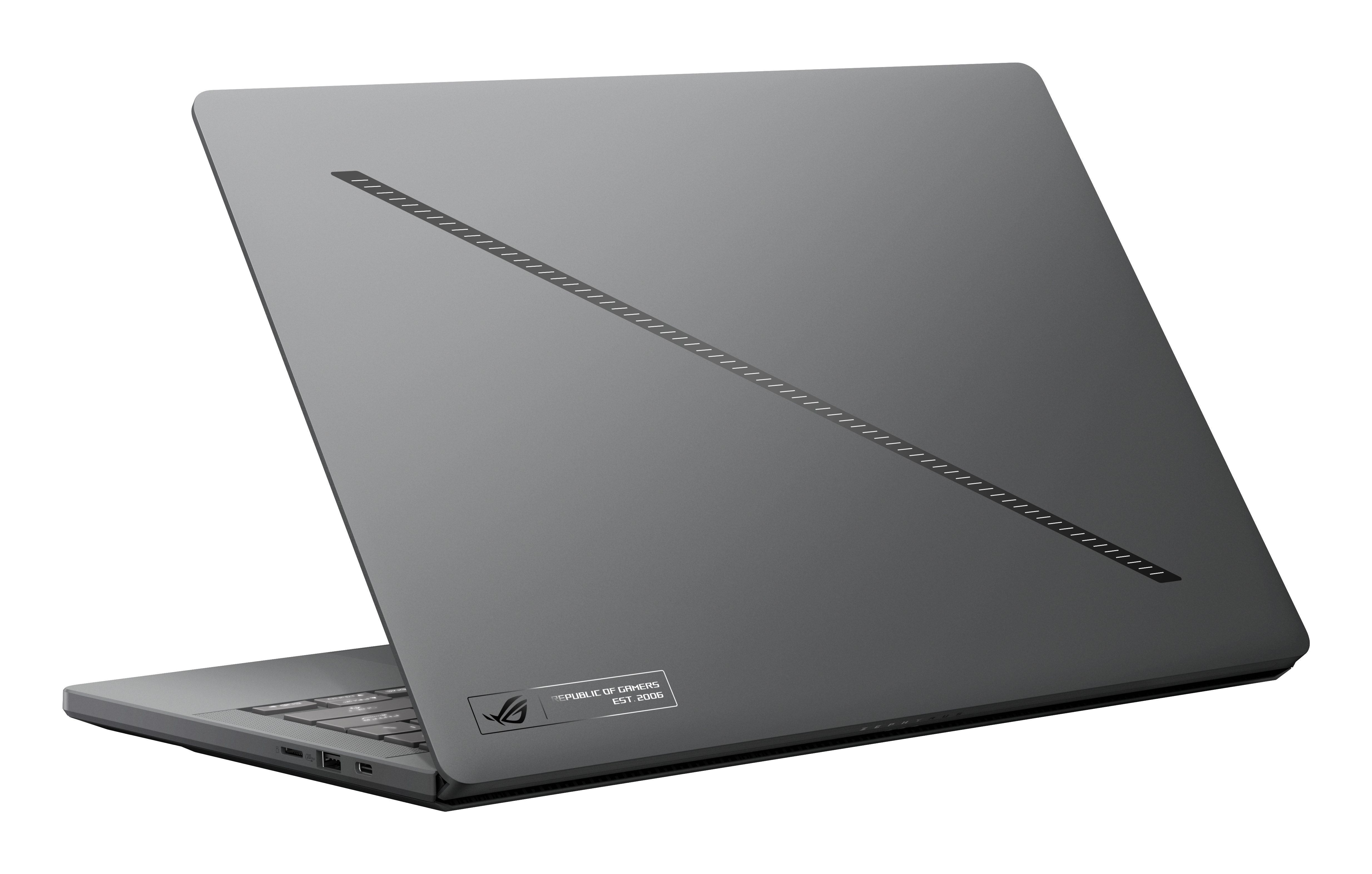 Zamknięty, szary laptop z wzorem przerywanej linii na pokrywie.