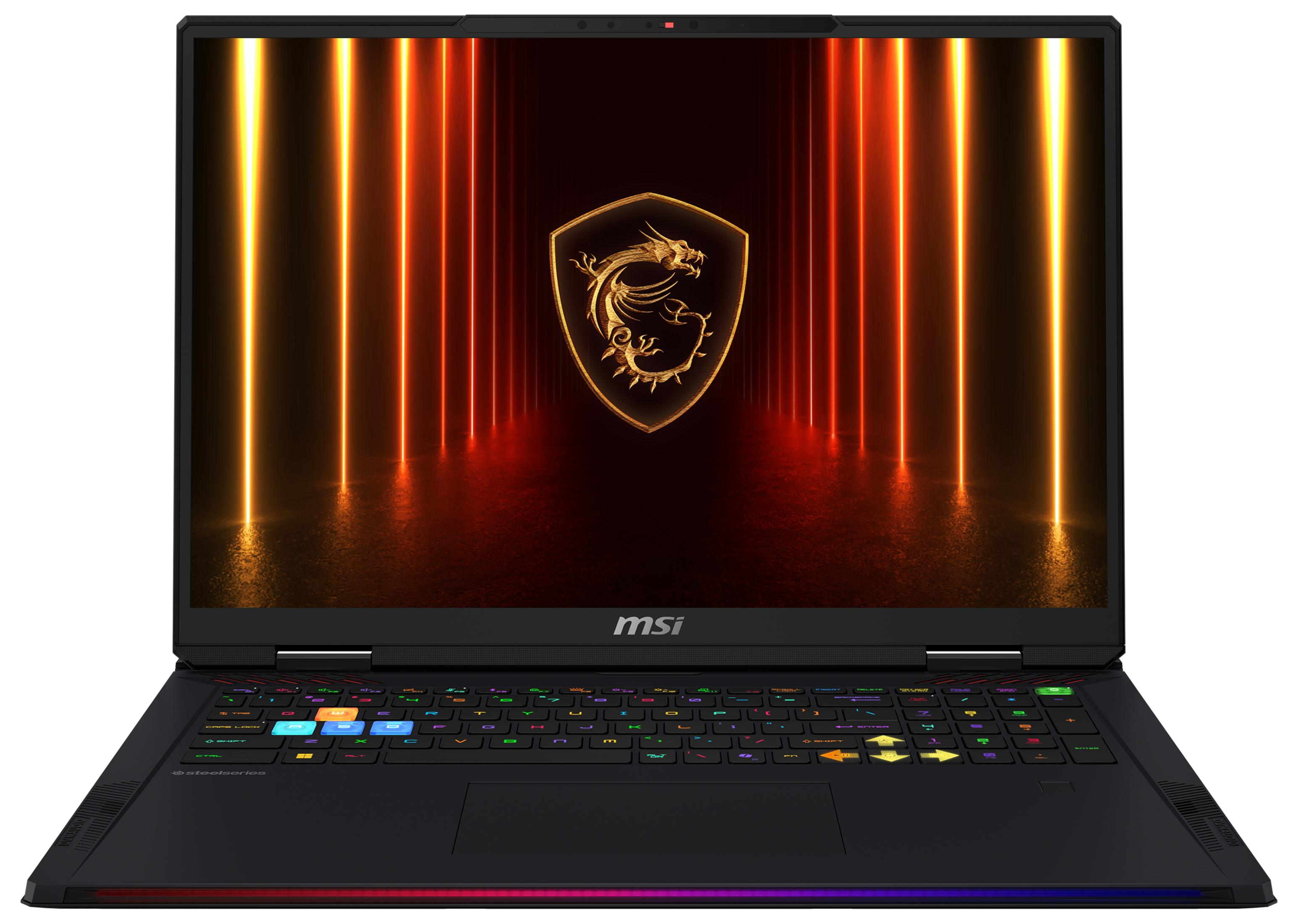 Schwarzer MSI-Laptop mit leuchtendem Drachenlogo und bunter Tastatur auf dunklem Hintergrund.