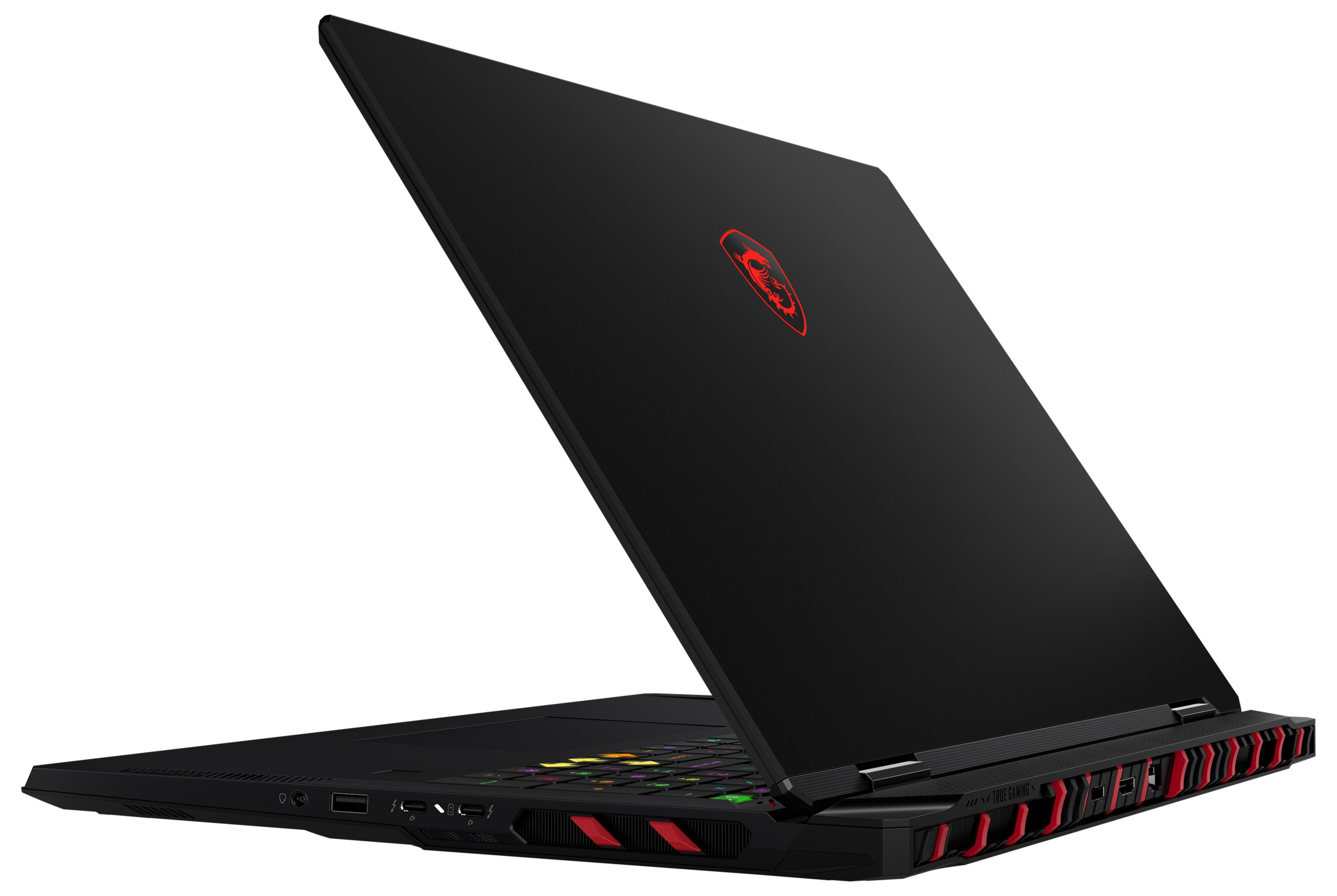 Schwarzer Gaming-Laptop mit rotem MSI-Logo, beleuchteter Tastatur und roten Akzenten.