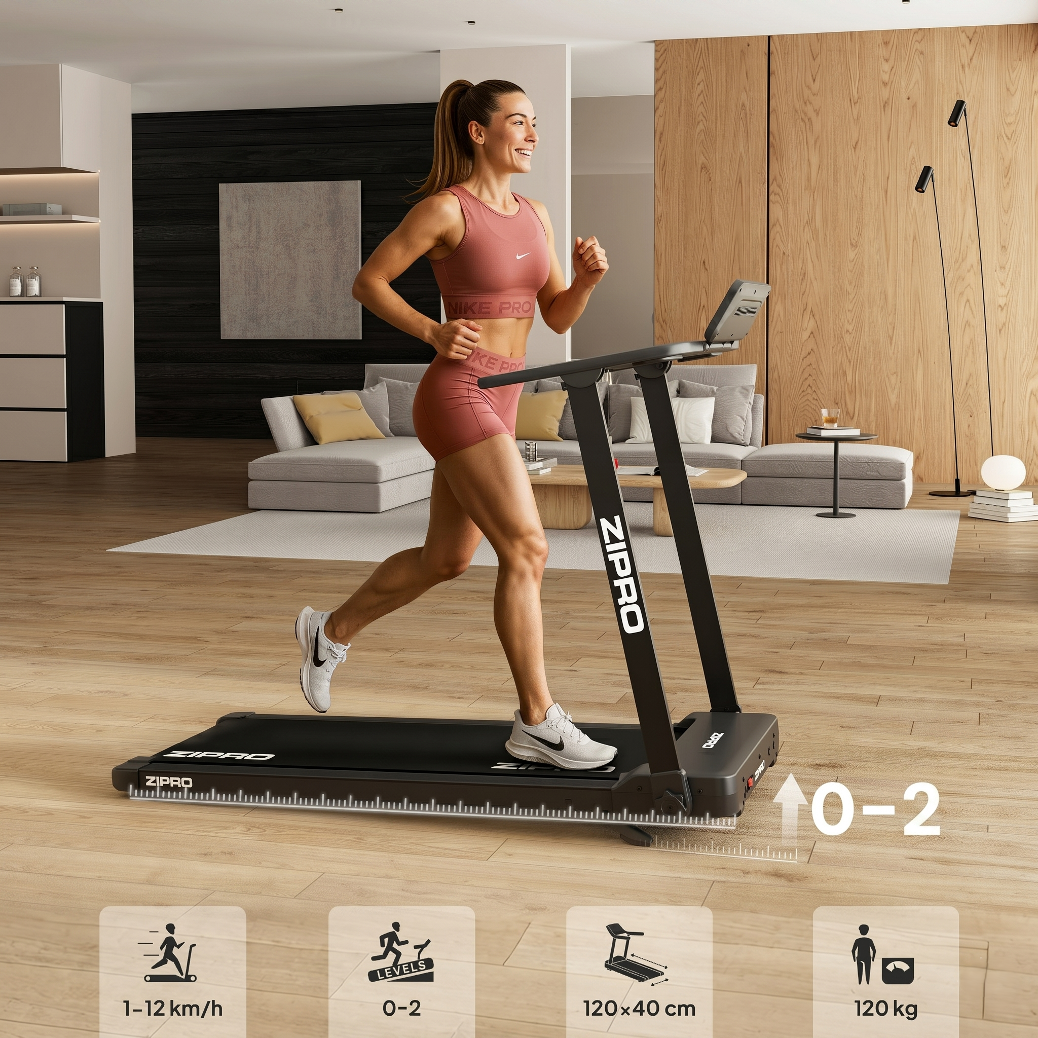 Eine Frau läuft auf einem Laufband in einem modernen Wohnzimmer mit Holzverkleidung.