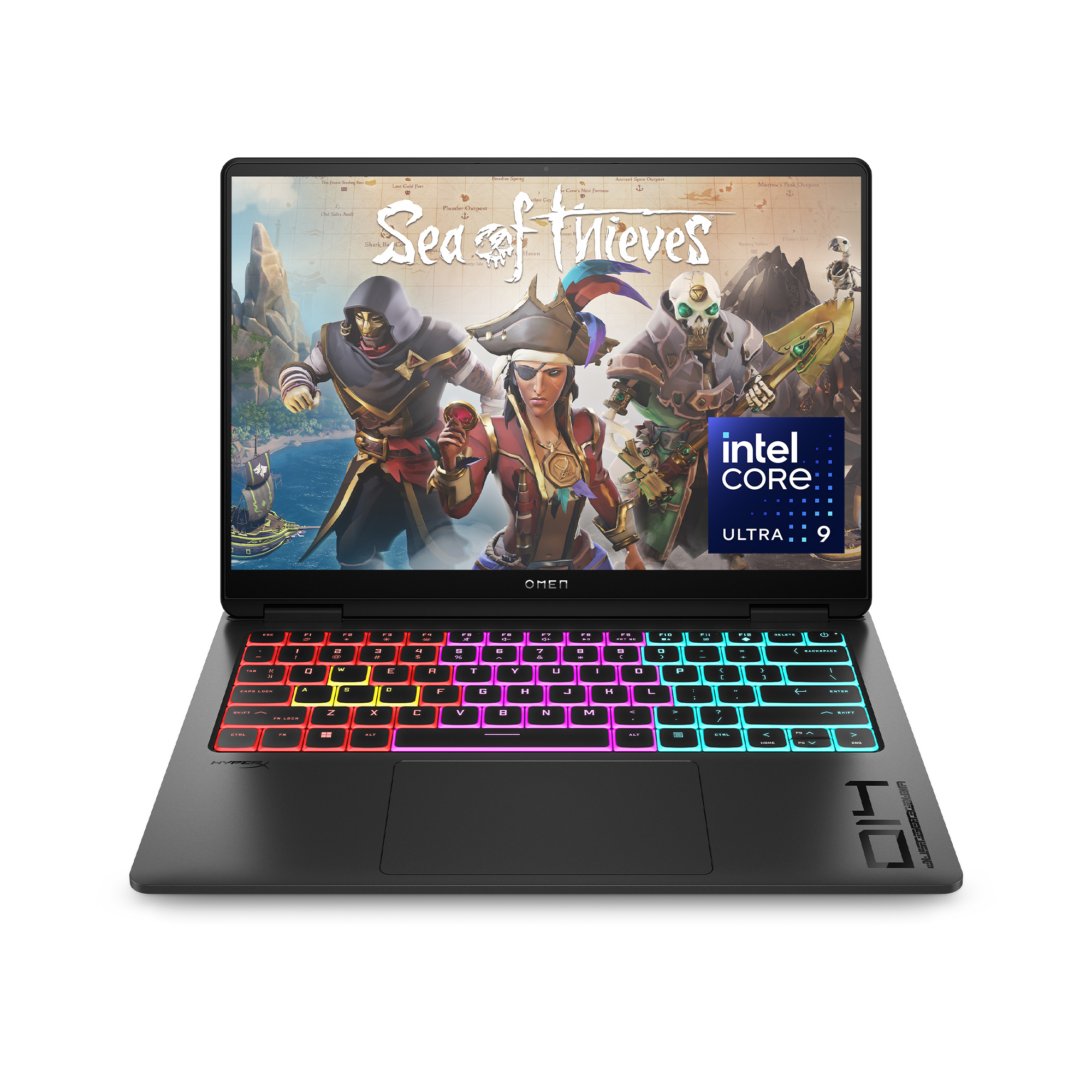 Un portátil HP Omen negro muestra el juego Sea of Thieves con personajes y mapa. Teclado iluminado.