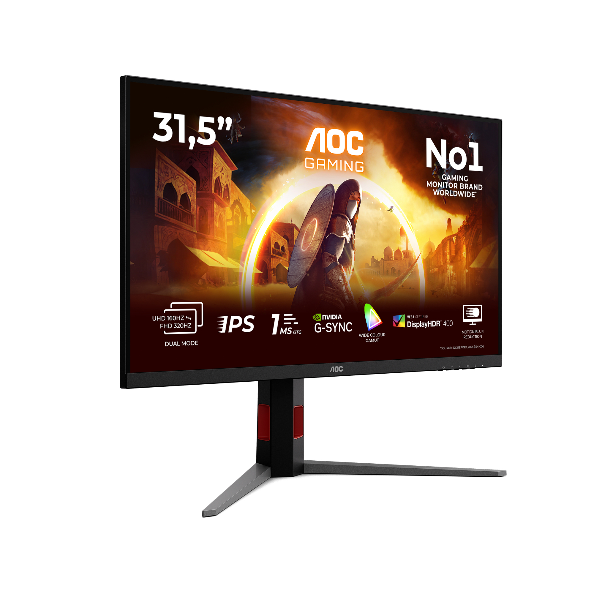 Een 31,5-inch gamingmonitor met een krijger op het scherm en het AOC-logo.