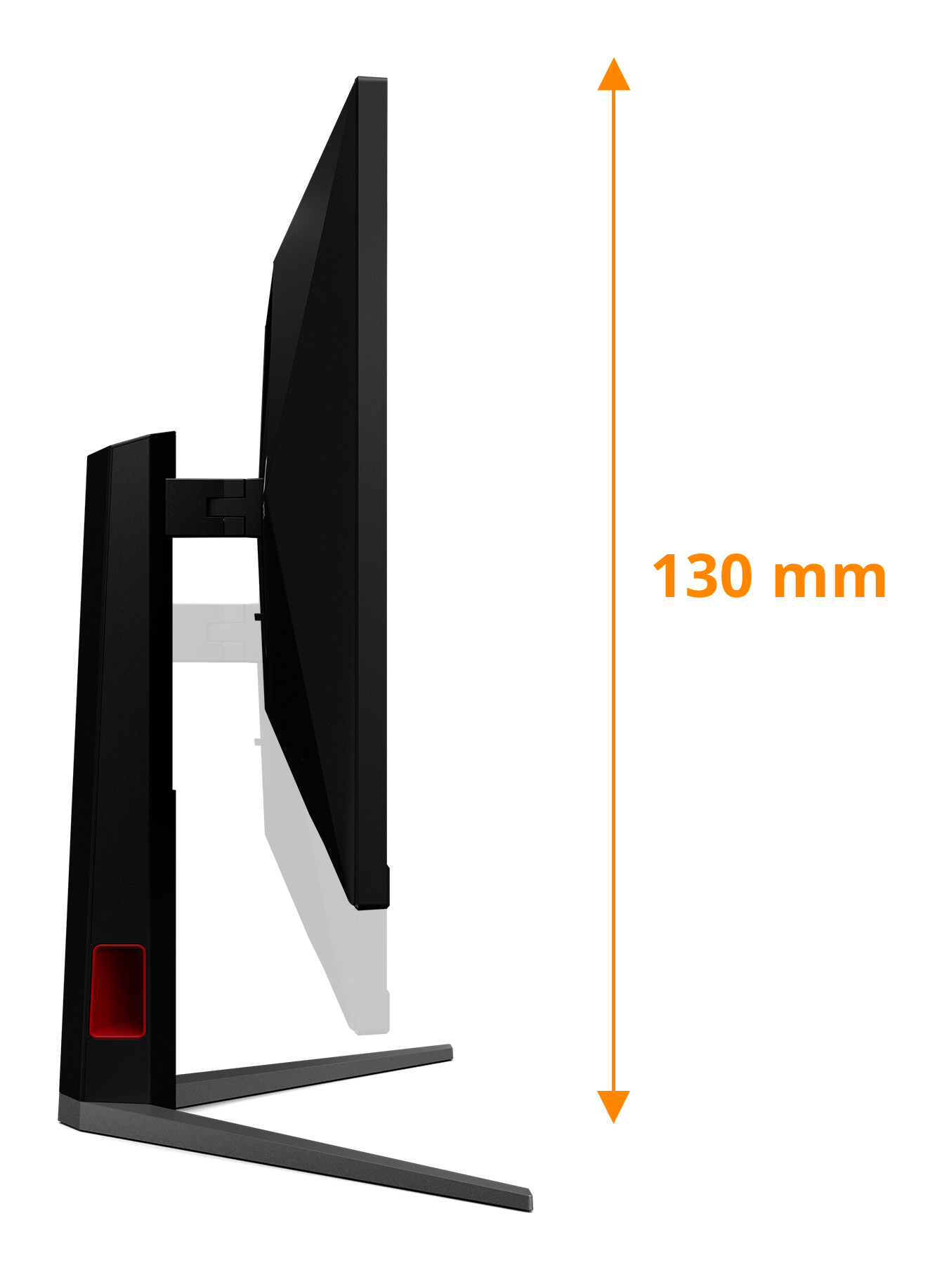 Zijaanzicht van een zwarte monitor met rode accenten, 130 mm hoog.