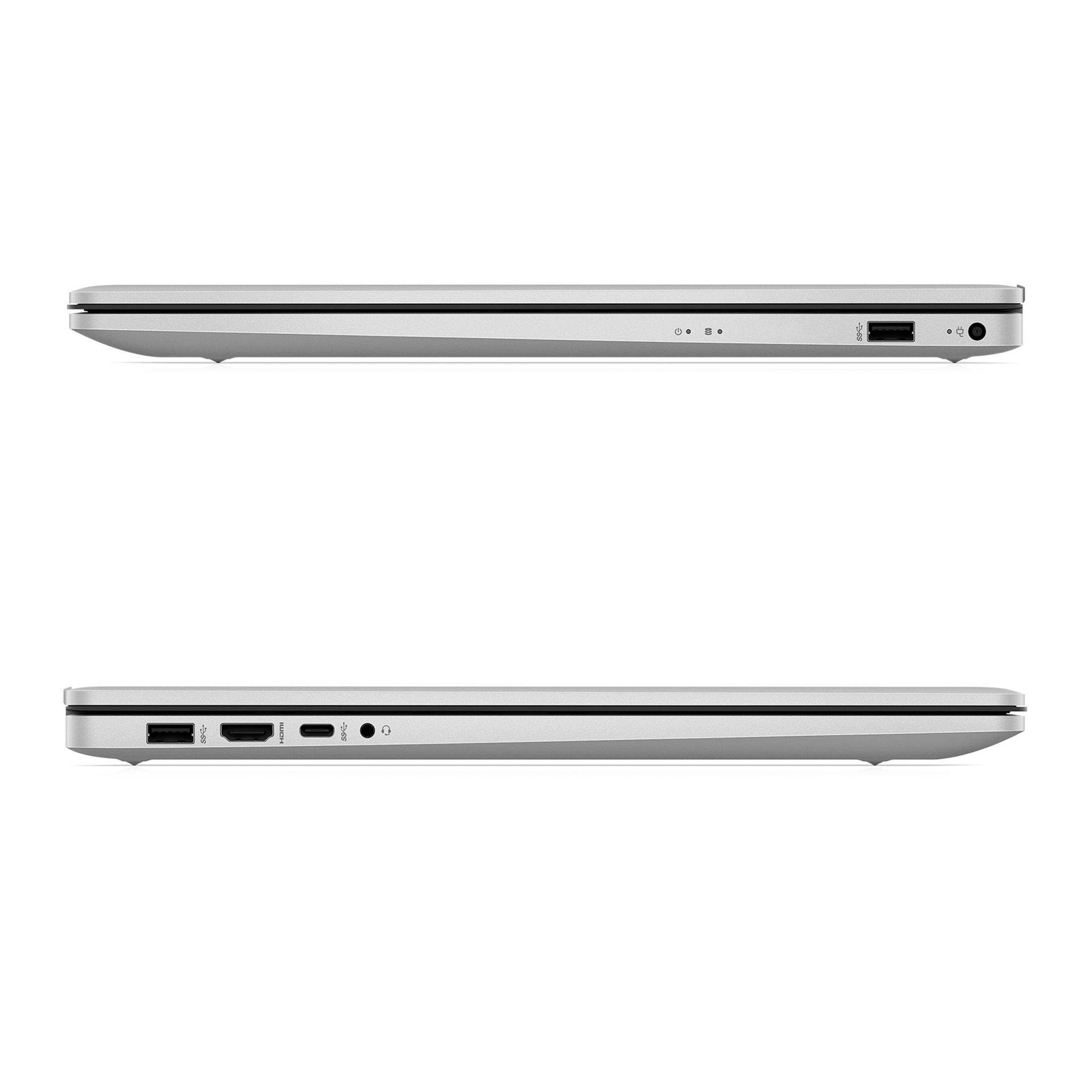 Silberner Laptop mit Anschlüssen an den Seiten.