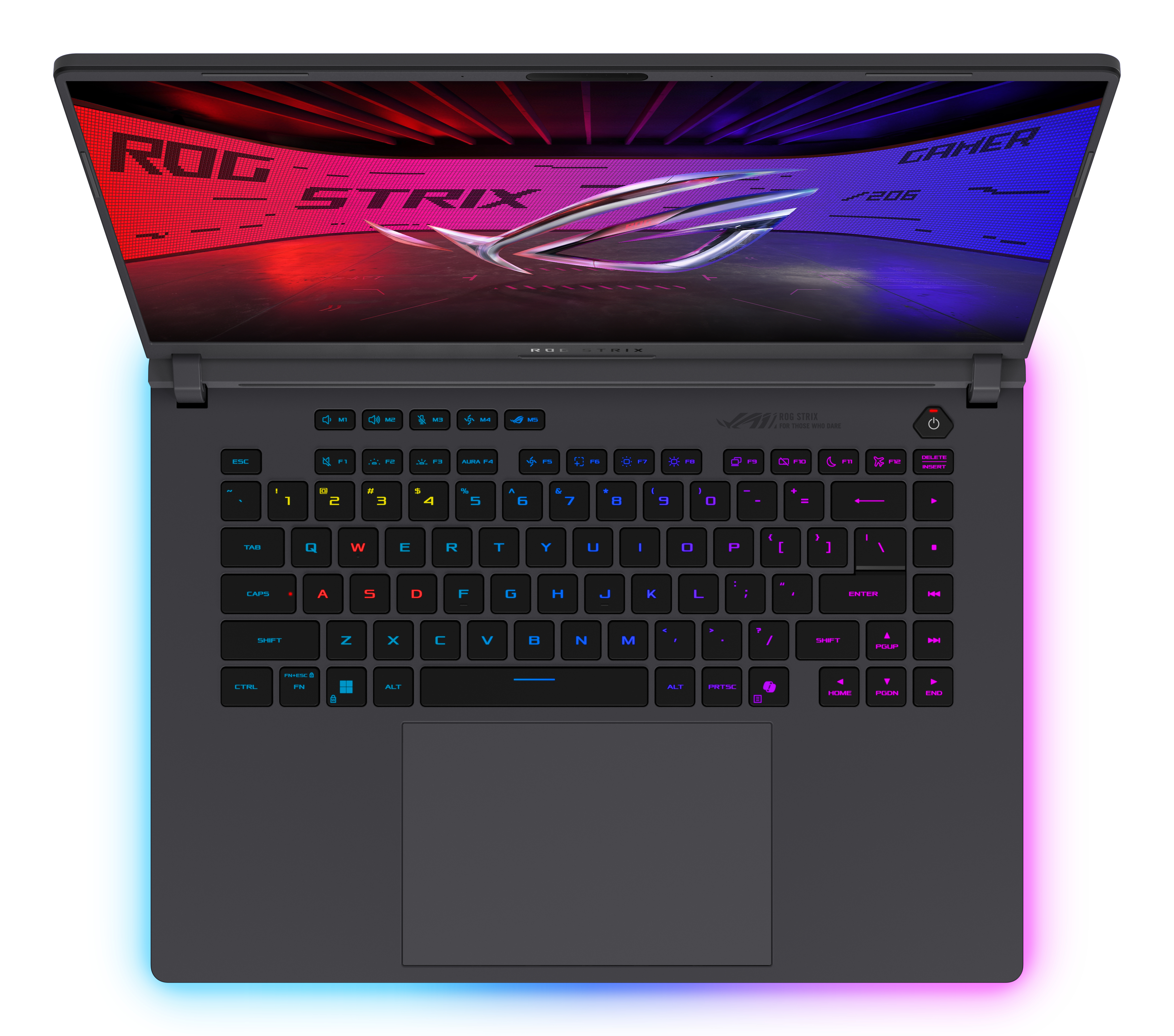 Un ordinateur portable gamer ouvert avec clavier rétroéclairé et éclairage RVB.