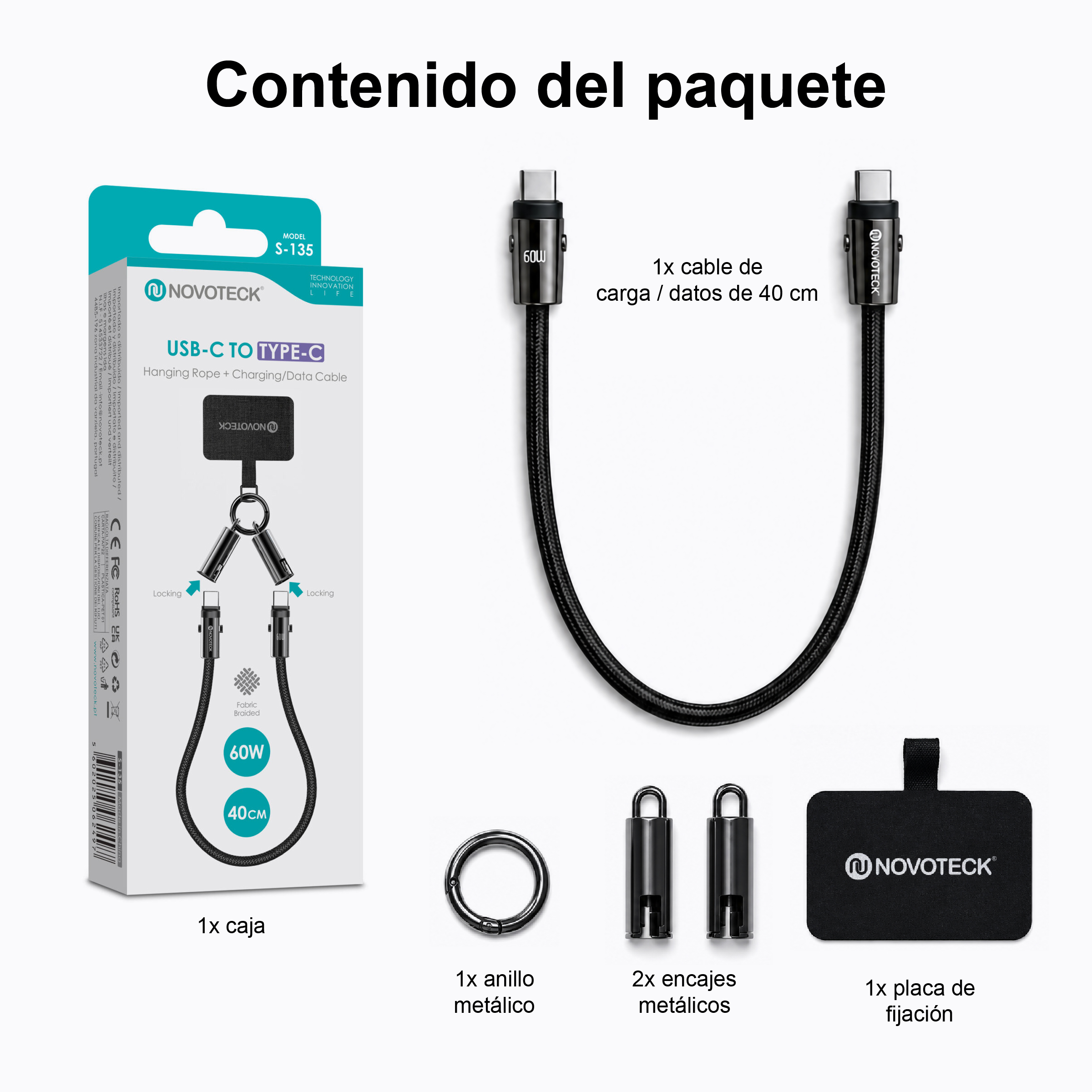 Contenuto della confezione: cavo USB-C, anello, 2 clip metallici, piastra. 60W, 40cm.