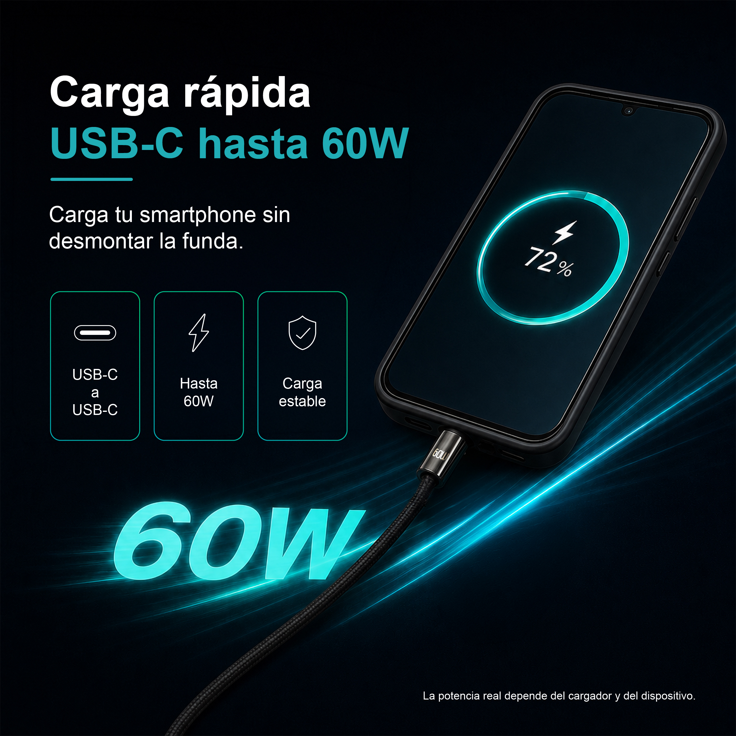 Uno smartphone si carica tramite USB-C a 60W, 72% di batteria.