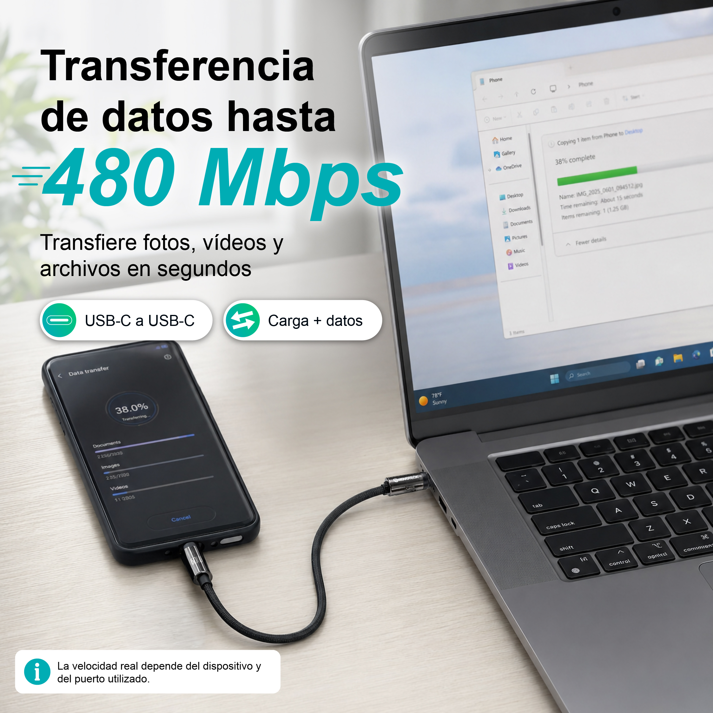 Laptop e smartphone collegati, trasferimento dati completato al 38%. Cavo USB-C.