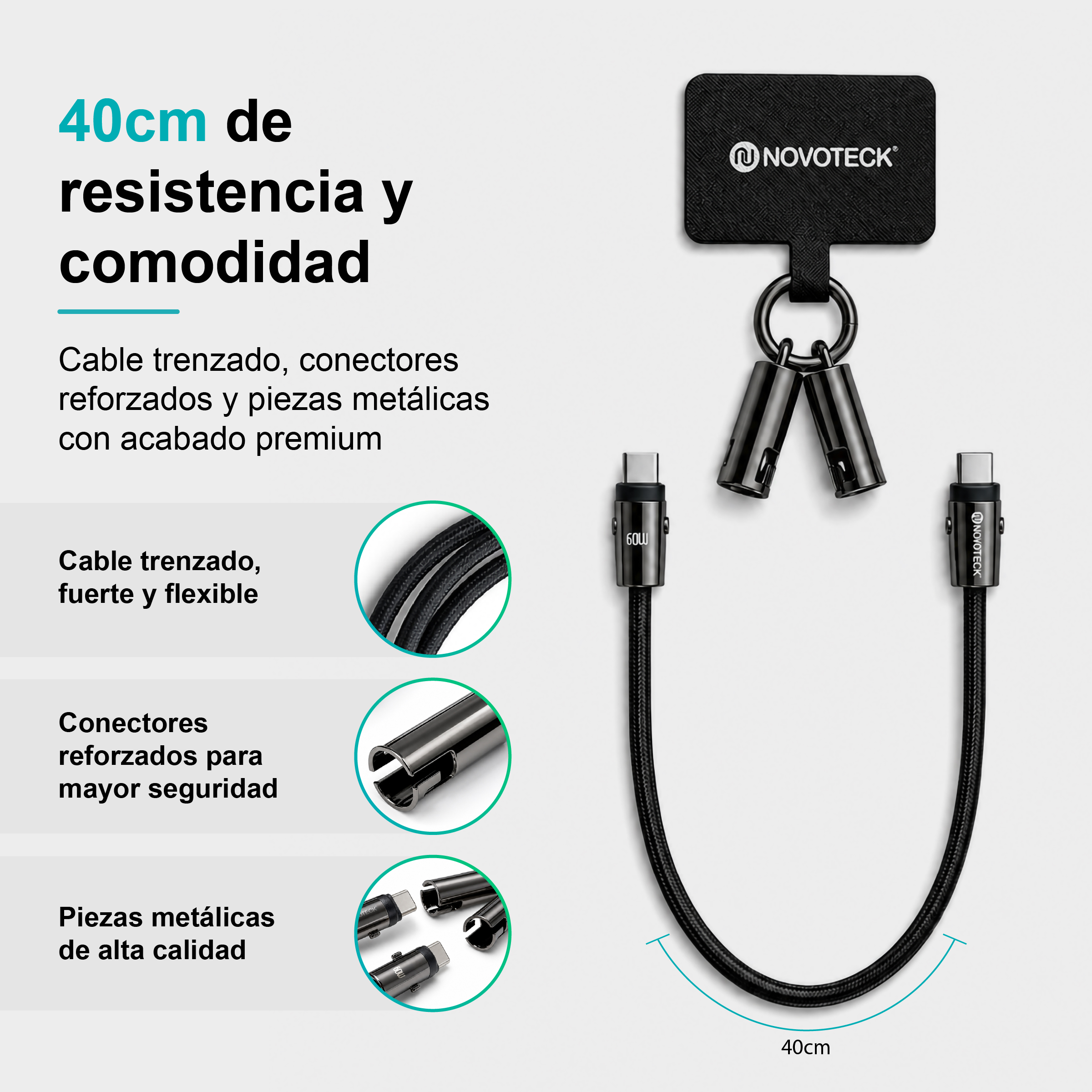 Cavo USB-C nero da 40 cm con connettori rinforzati e parti metalliche.