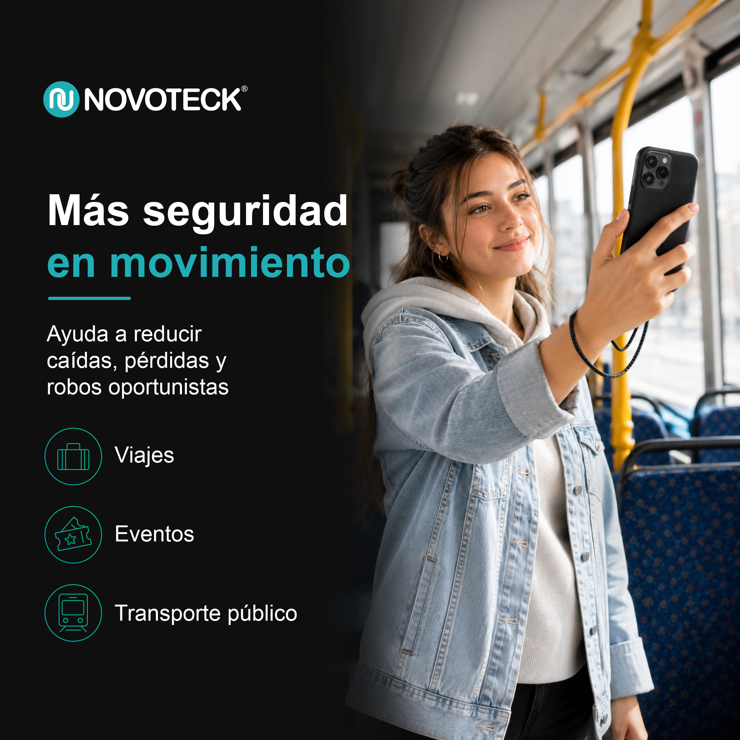 Una donna si fa un selfie su un autobus. Logo e testo Novoteck a sinistra.